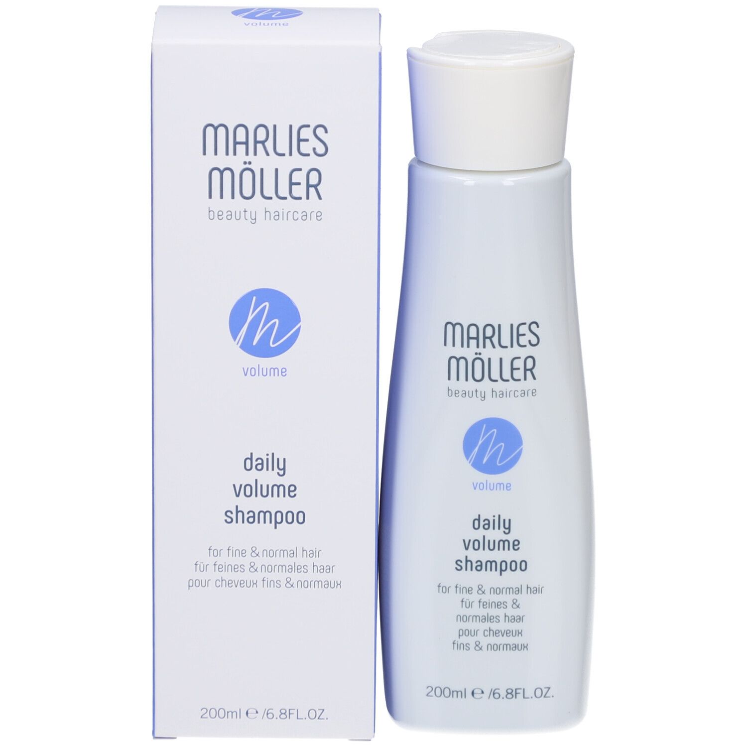 Shampoo-Flasche und Schachtel. Aufschrift: Marlies Möller, Volume Daily Volume Shampoo. 200ml.