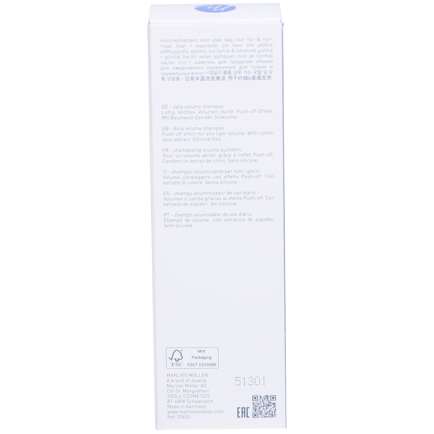 Rückseite der Schachtel. Text in mehreren Sprachen. Aufschrift: Marlies Möller.