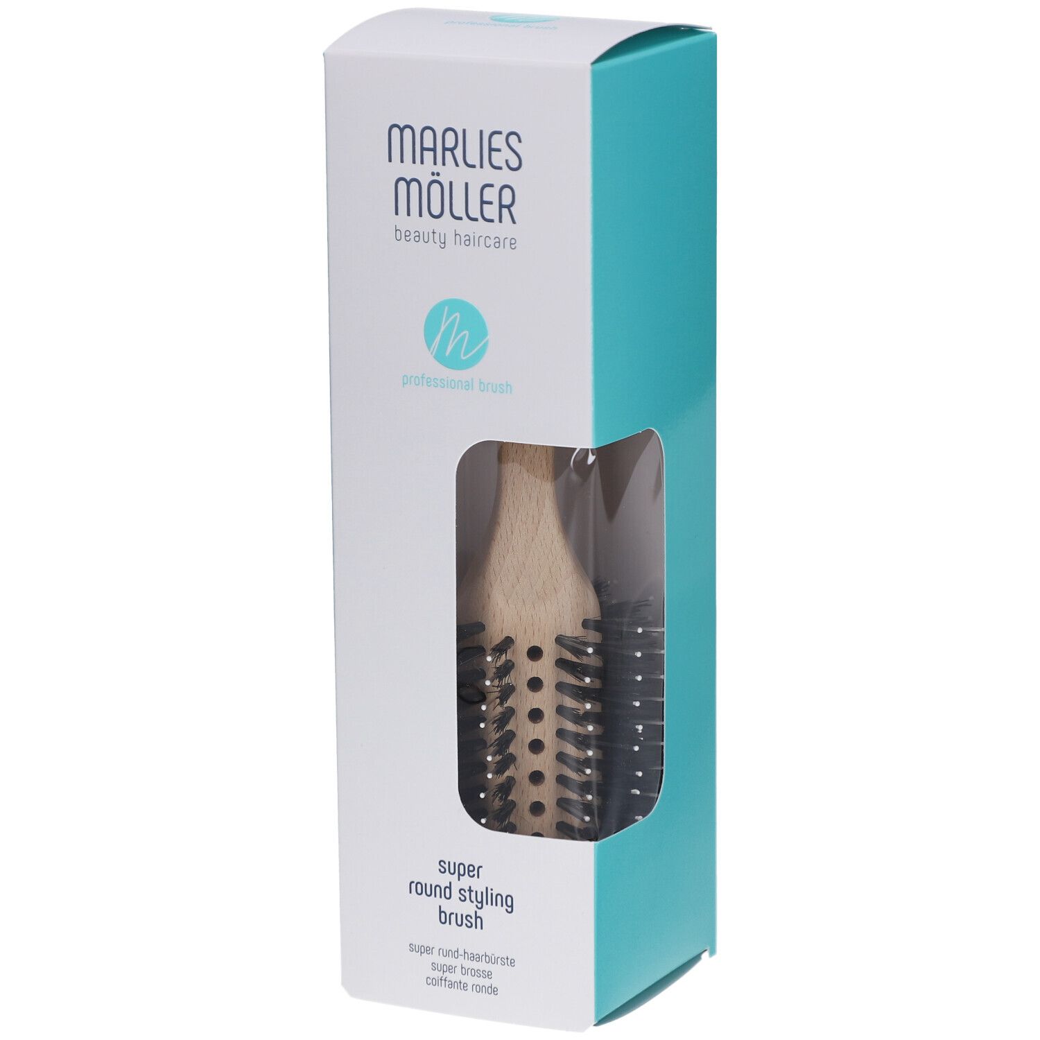 Marlies Möller Super Round Styling Brush in Verpackung. Holzgriff, schwarze Borsten. Verpackung mit Markenlogo und Produktbezeichnung.