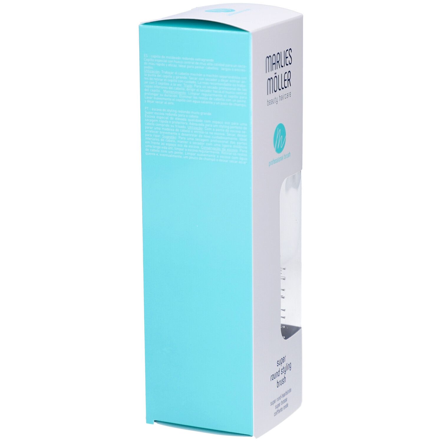 Verpackung der Marlies Möller Super Round Styling Brush. Weiß und türkis. Text auf der Verpackung. Fenster zeigt die Bürste.