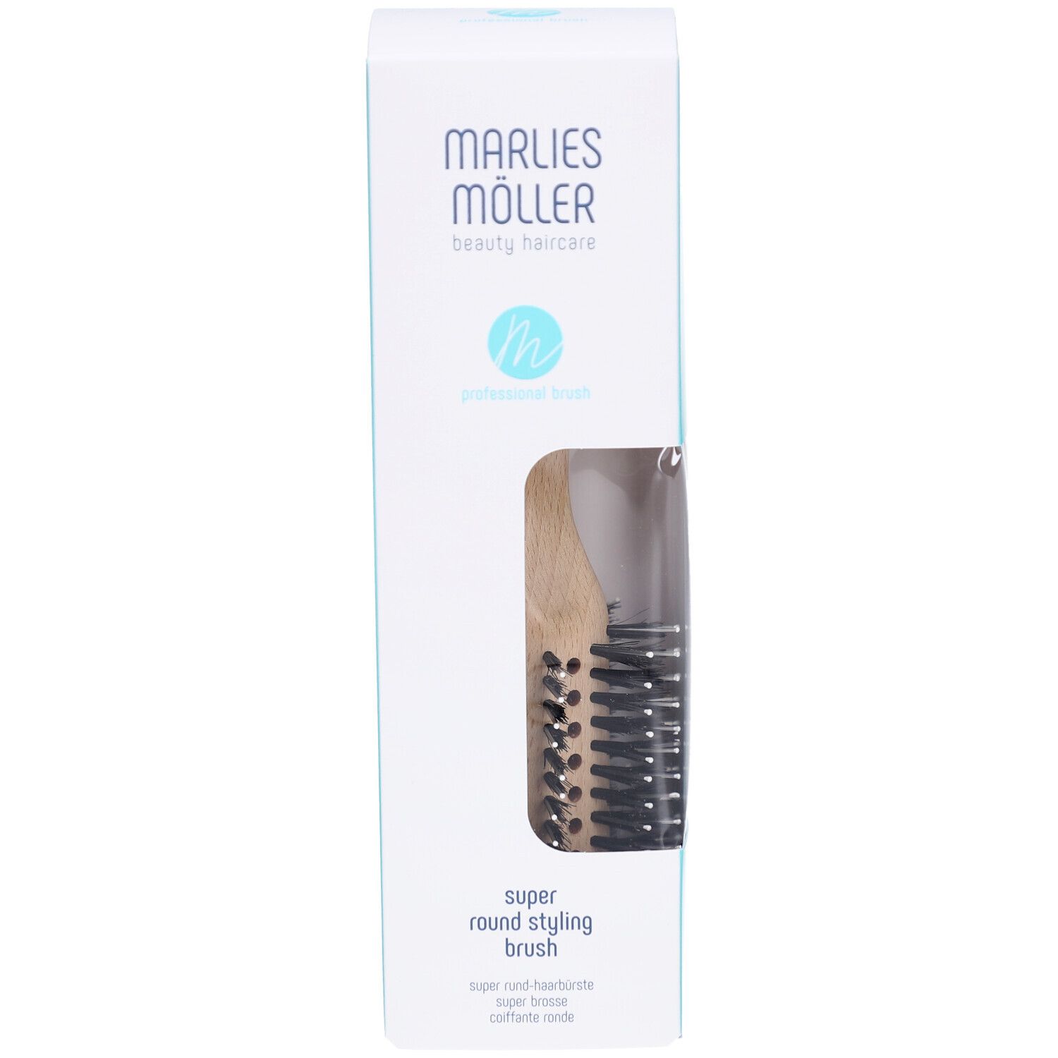 Marlies Möller Super Round Styling Brush in Verpackung. Holzgriff, schwarze Borsten. Verpackung mit Markenlogo und Produktbezeichnung.