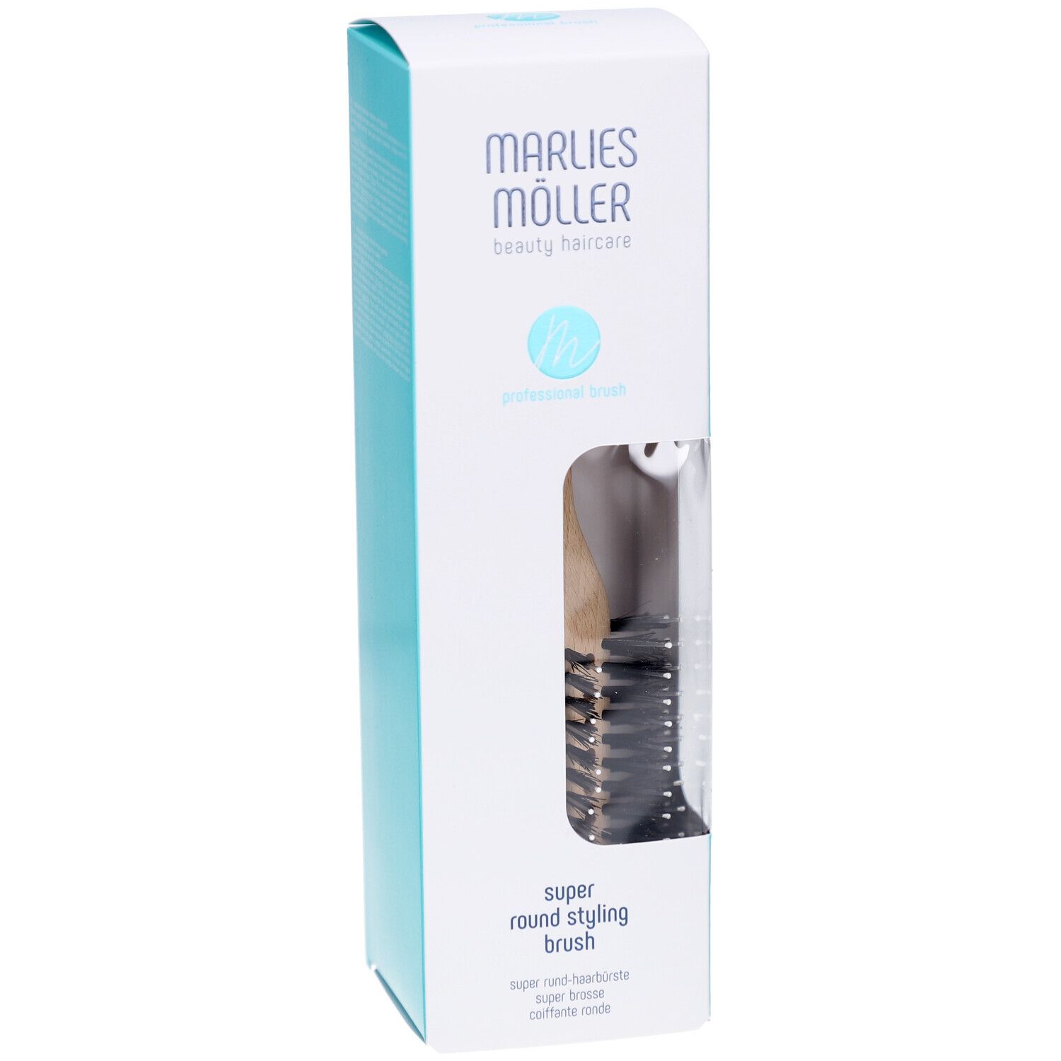 Marlies Möller Super Round Styling Brush in Verpackung. Holzgriff, schwarze Borsten. Verpackung mit Markenlogo und Produktbezeichnung.