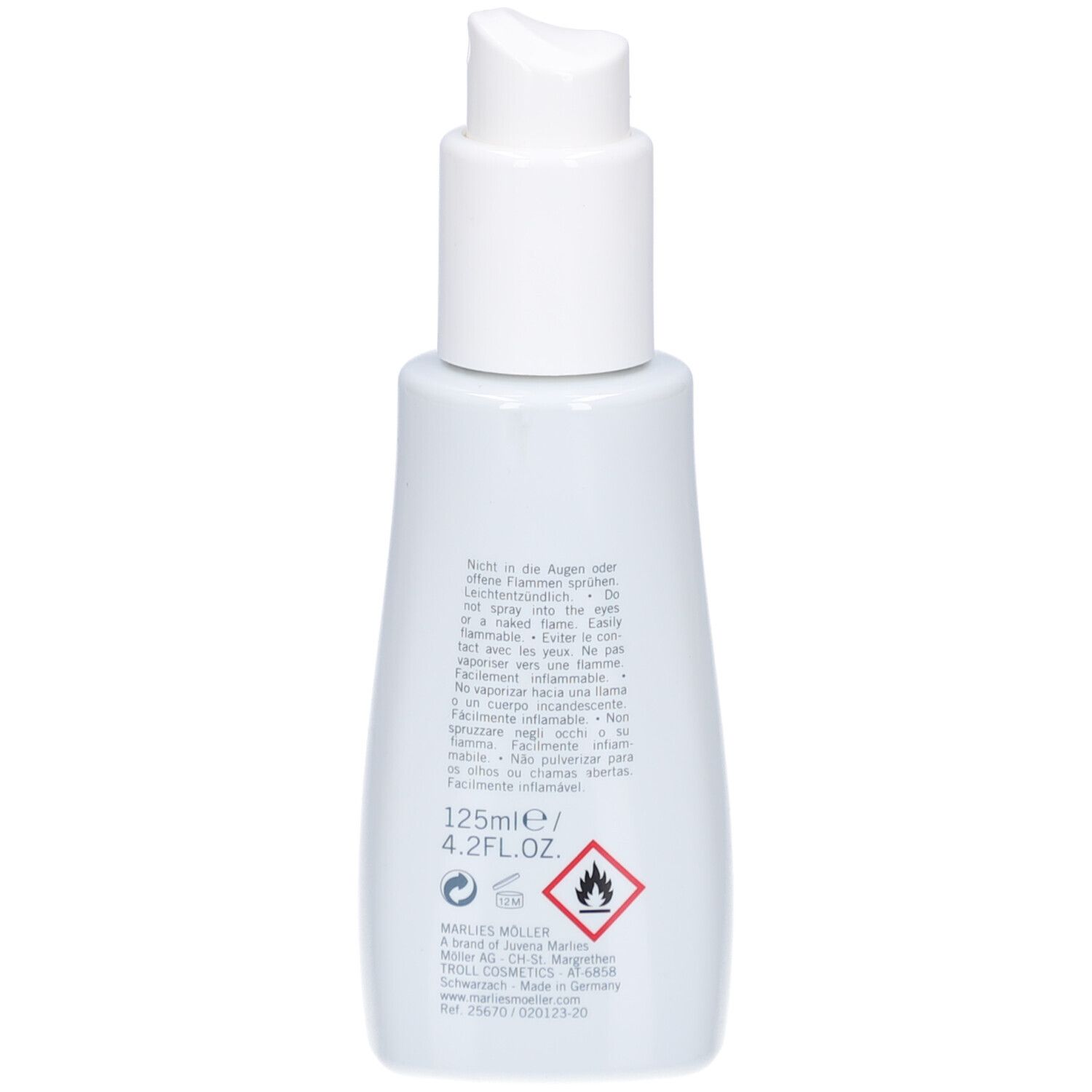 Dos du flacon blanc. Texte: 125ml, avertissement. Inscription: Marlies Möller.