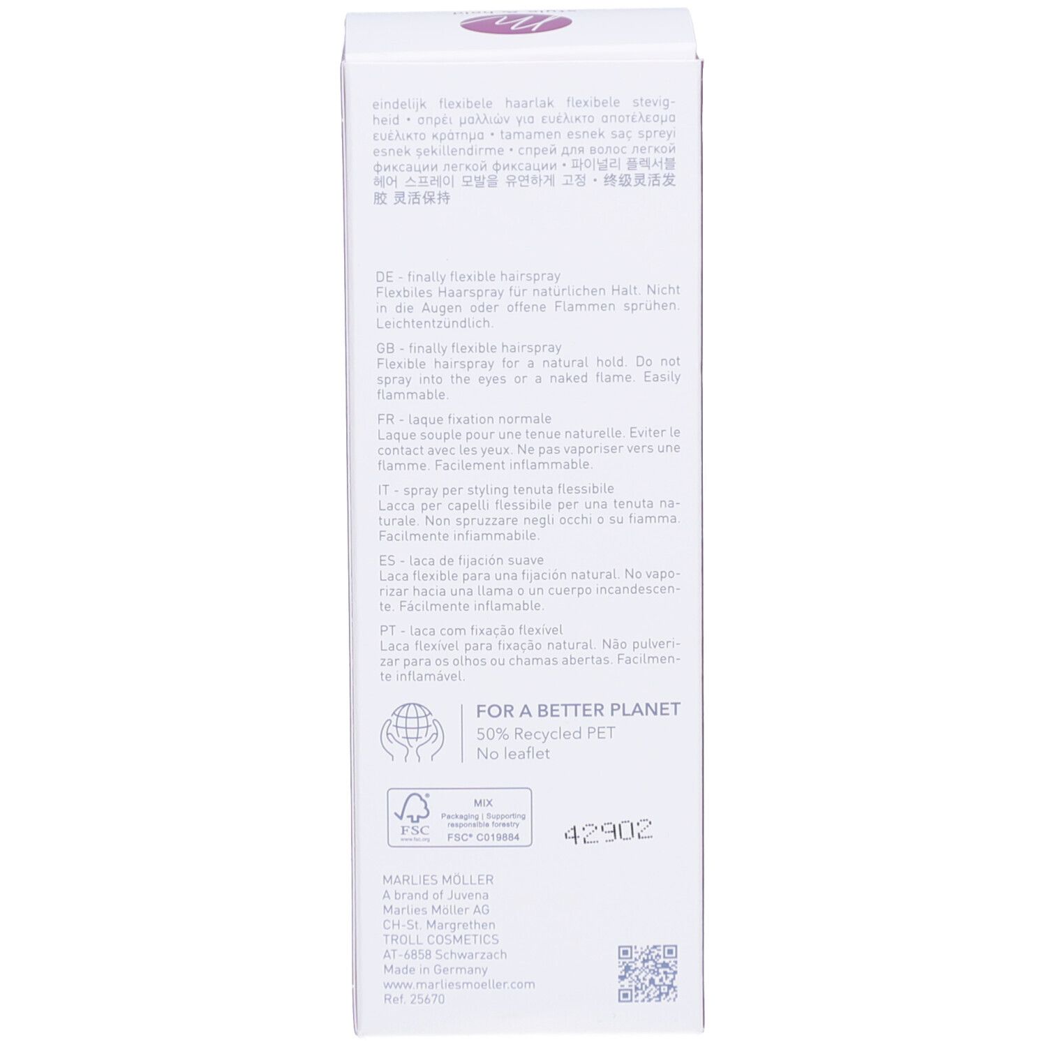 Dos de l'emballage. Texte multilingue. Inscription: Marlies Möller.