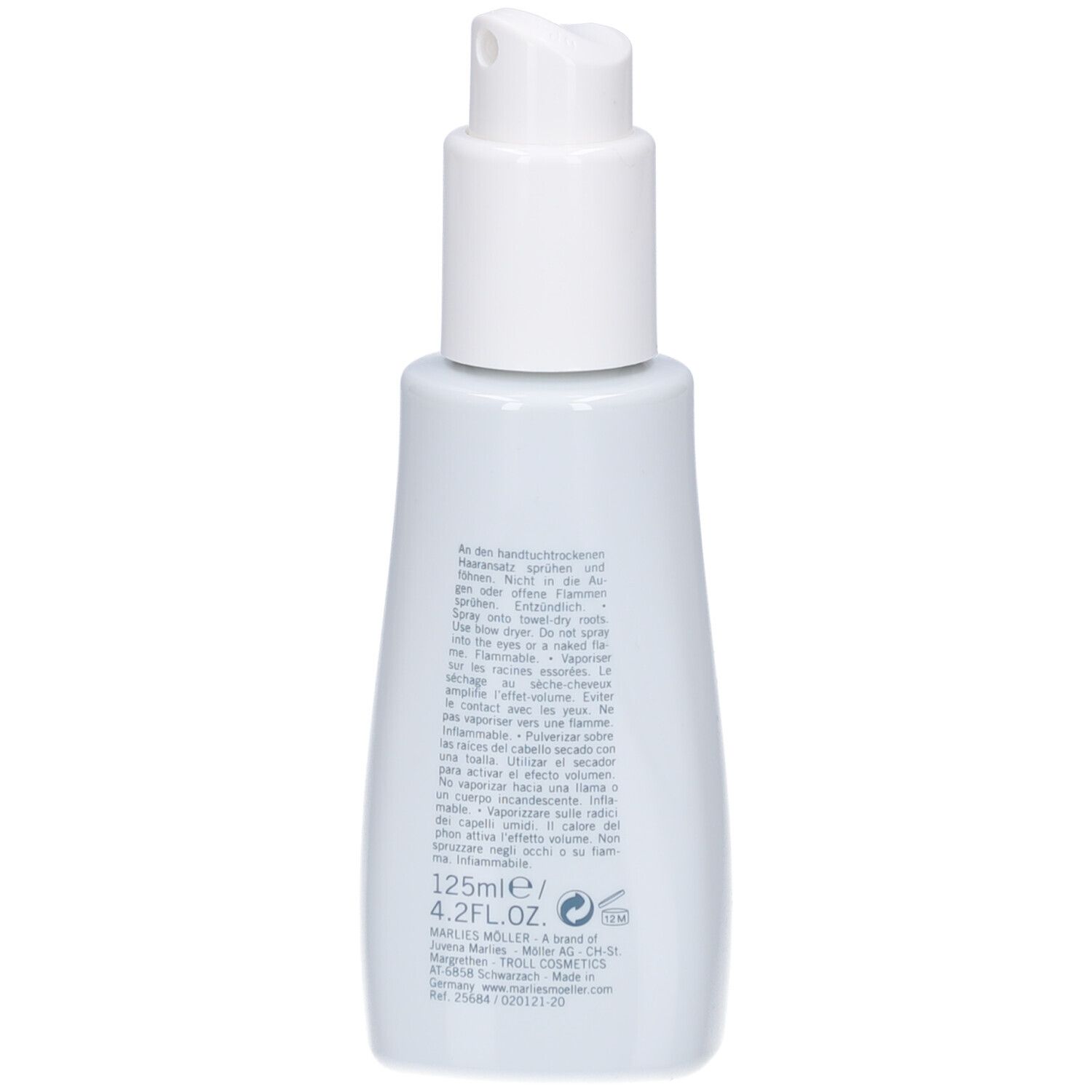 Dos du flacon bleu clair avec pompe blanche. Texte multilingue. Indication de volume: 125ml/4.2FL.OZ.