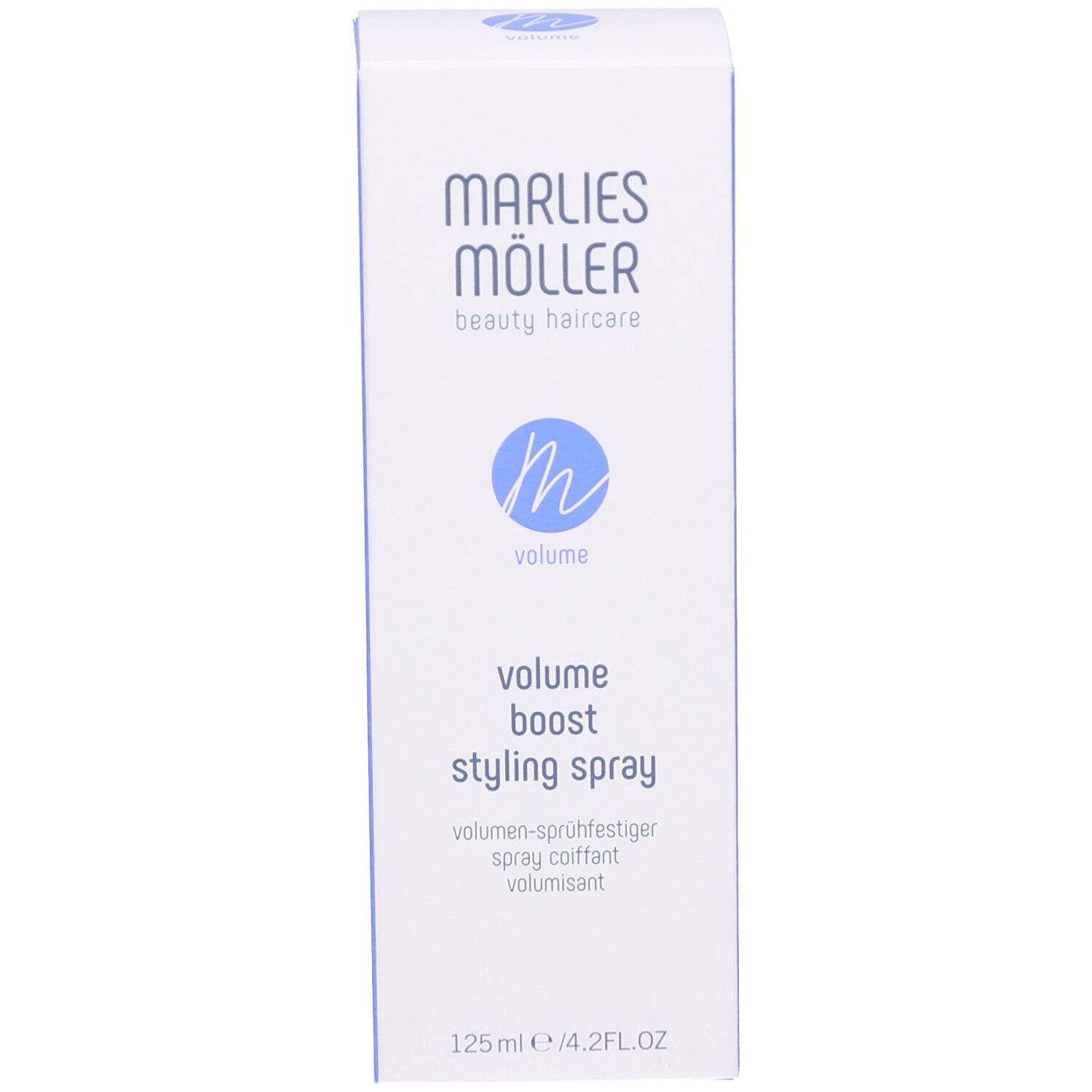 Boîte haute et étroite, bleu clair. Inscription: Marlies Möller, Volume Boost Styling Spray. Logo 'm' bleu. Indication de volume.