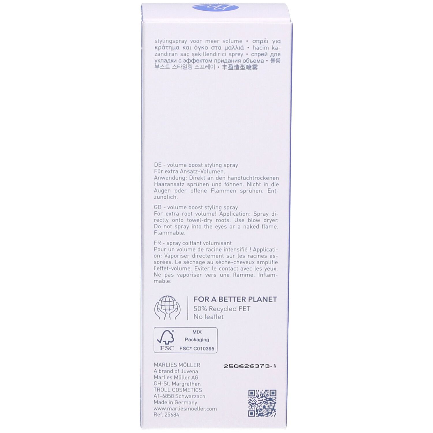 Dos de la boîte bleu clair. Texte multilingue. Logo de matériau recyclé et certification FSC.