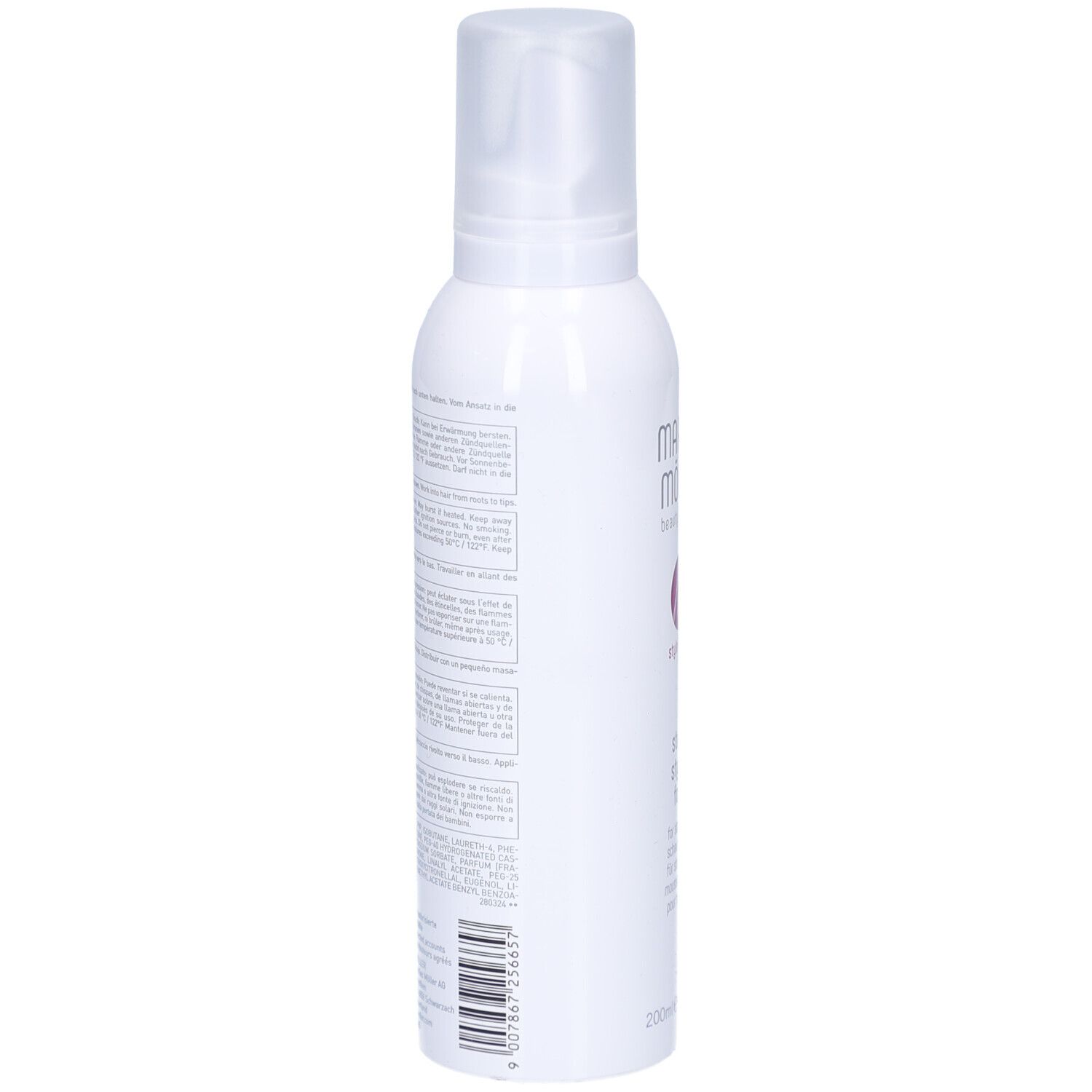 Flacon blanc, dos. Texte. Inscription: Marlies Möller, Style & Hold, Strong Styling Foam. 200ml.