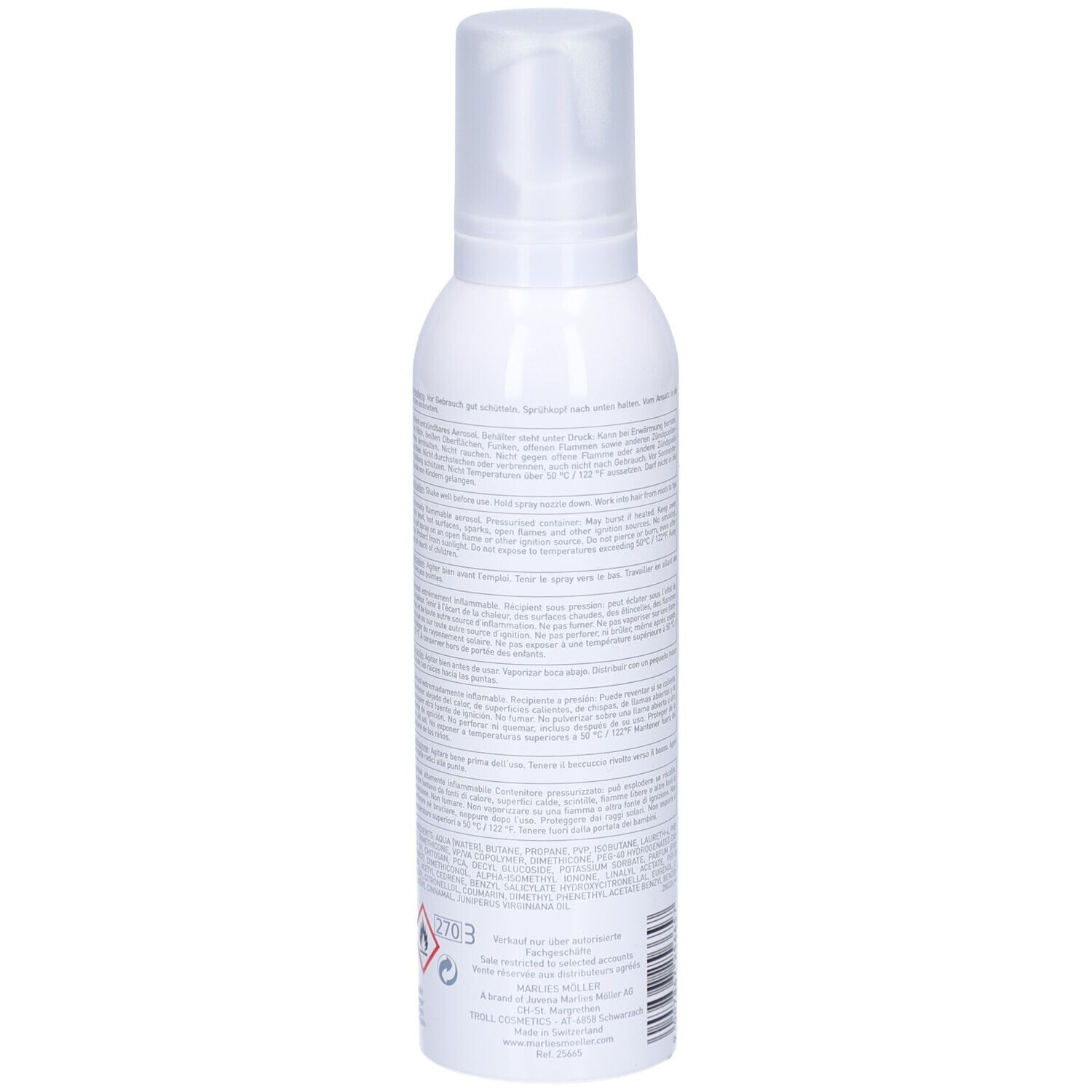Flacon blanc, dos. Texte. Inscription: Marlies Möller, Style & Hold, Strong Styling Foam. 200ml.