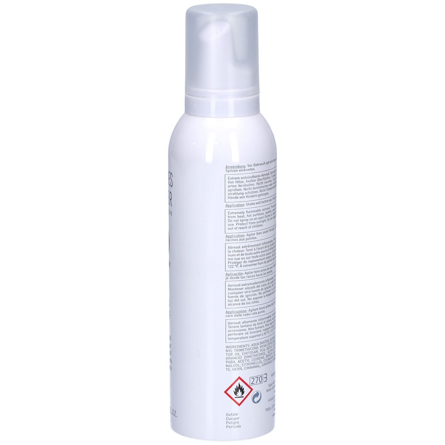 Flacon blanc, dos. Texte. Inscription: Marlies Möller, Style & Hold, Strong Styling Foam. 200ml.