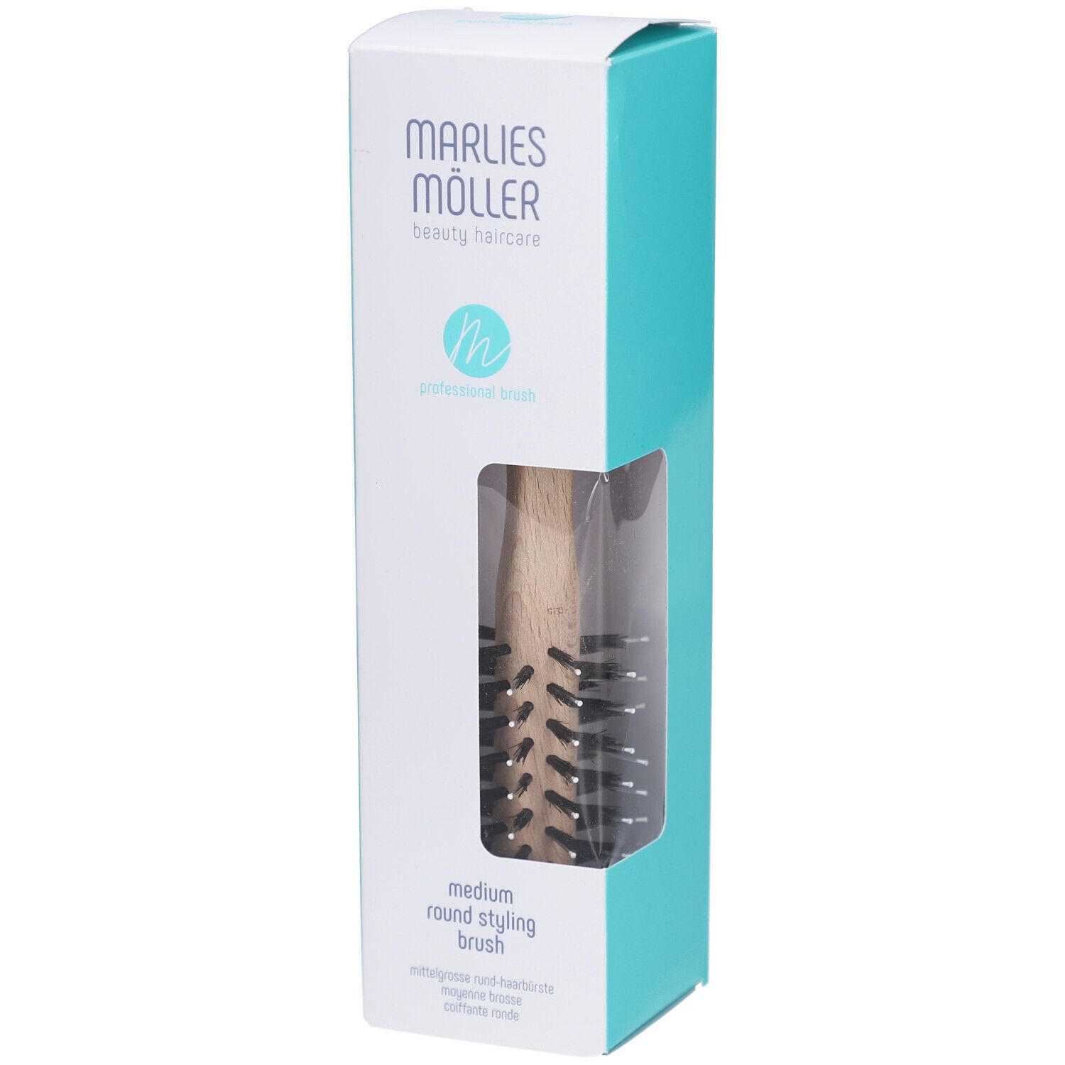 Emballage de la brosse à coiffer. Blanc-turquoise. MARLIES MÖLLER, medium round styling brush.