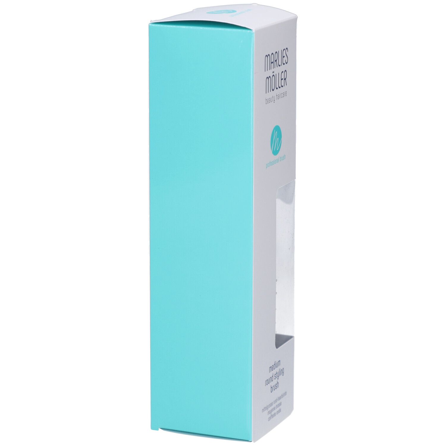 Emballage de la brosse à coiffer. Blanc-turquoise. MARLIES MÖLLER, informations produit.