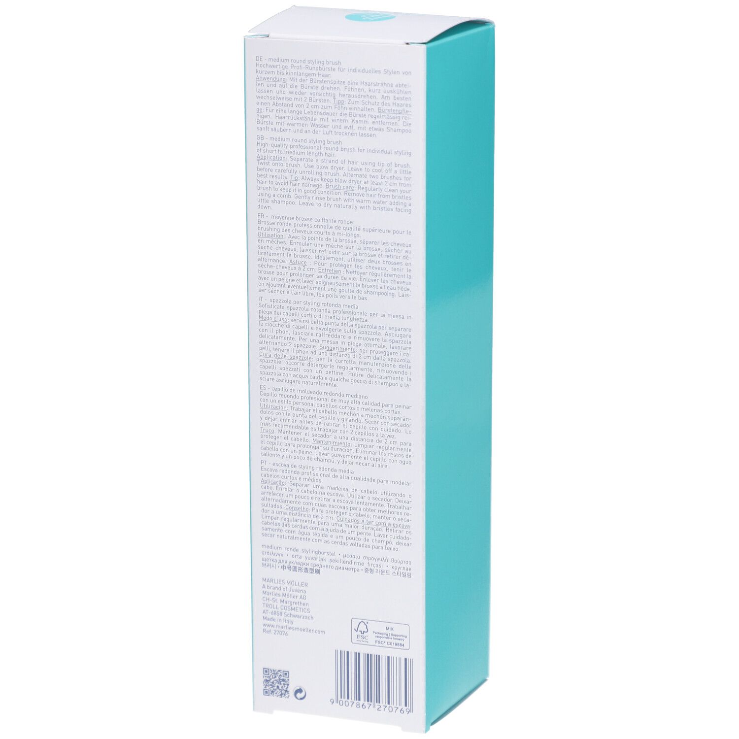 Dos de l'emballage. Texte multilingue. MARLIES MÖLLER, medium round styling brush.