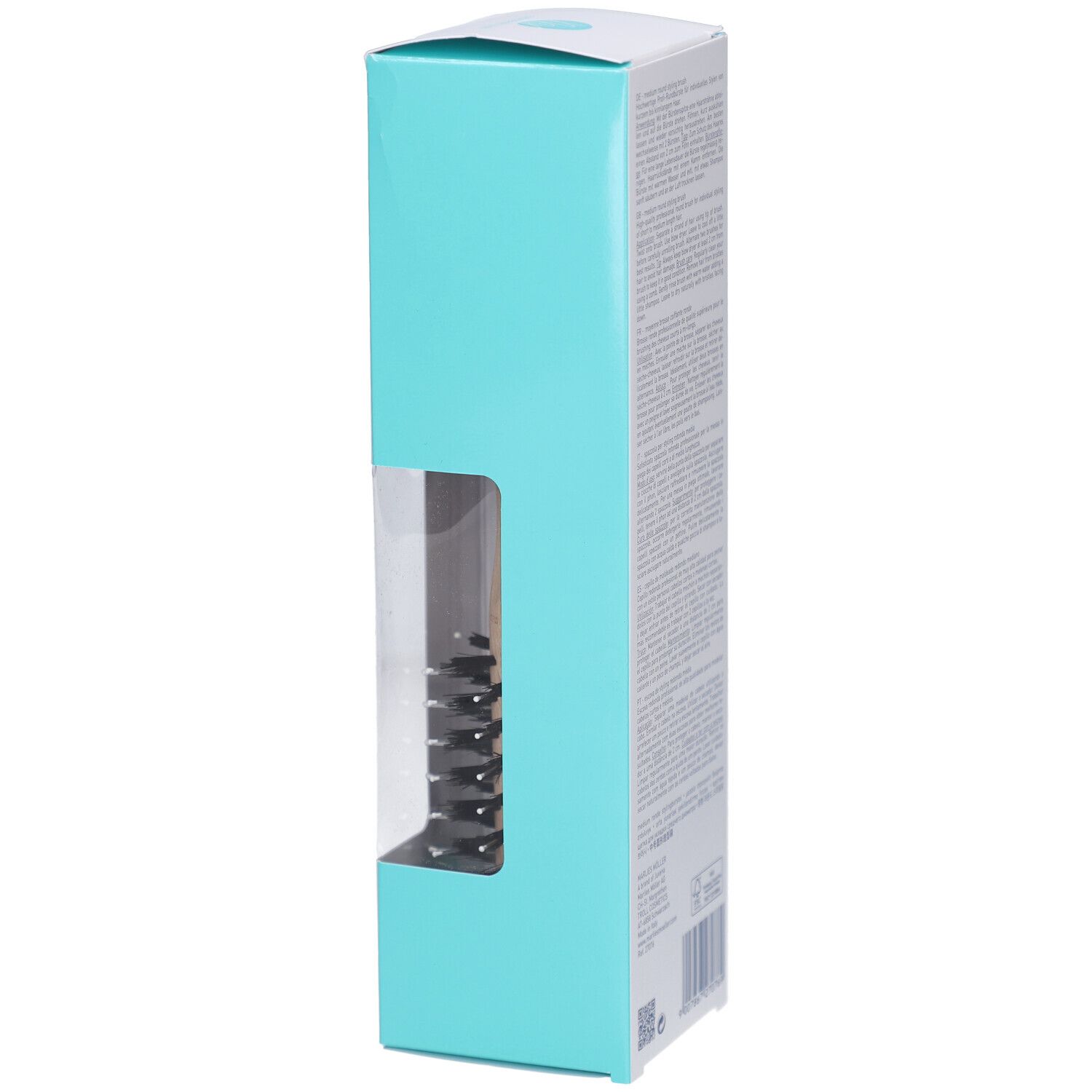 Emballage de la brosse à coiffer. Blanc-turquoise. MARLIES MÖLLER, informations produit.