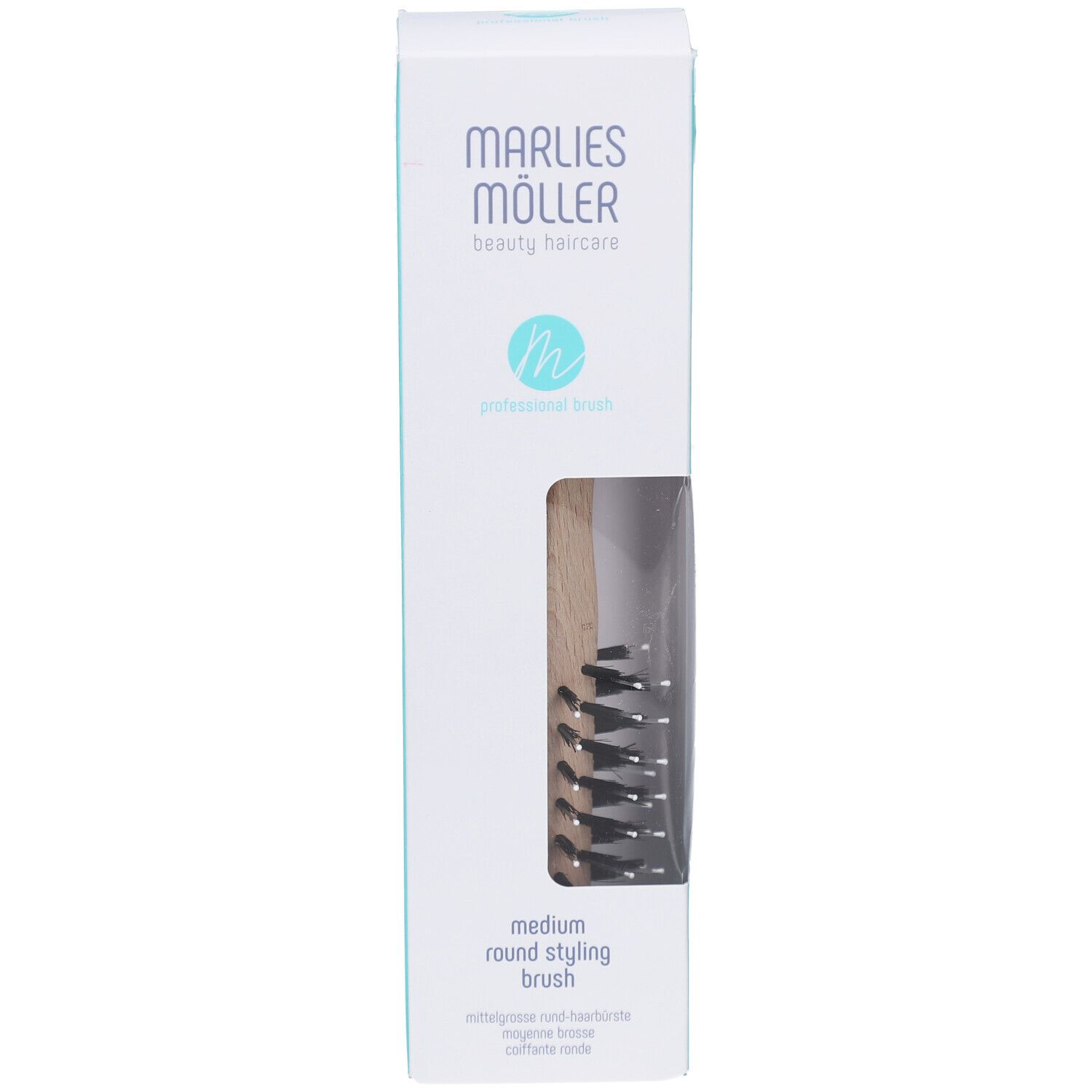 Emballage de la brosse à coiffer. Blanc-turquoise. MARLIES MÖLLER, medium round styling brush.