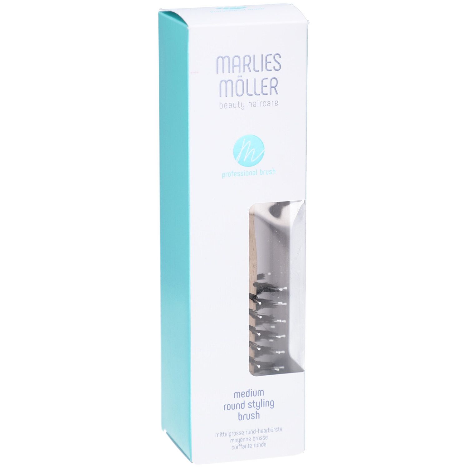Emballage de la brosse à coiffer. Blanc-turquoise. MARLIES MÖLLER, medium round styling brush.
