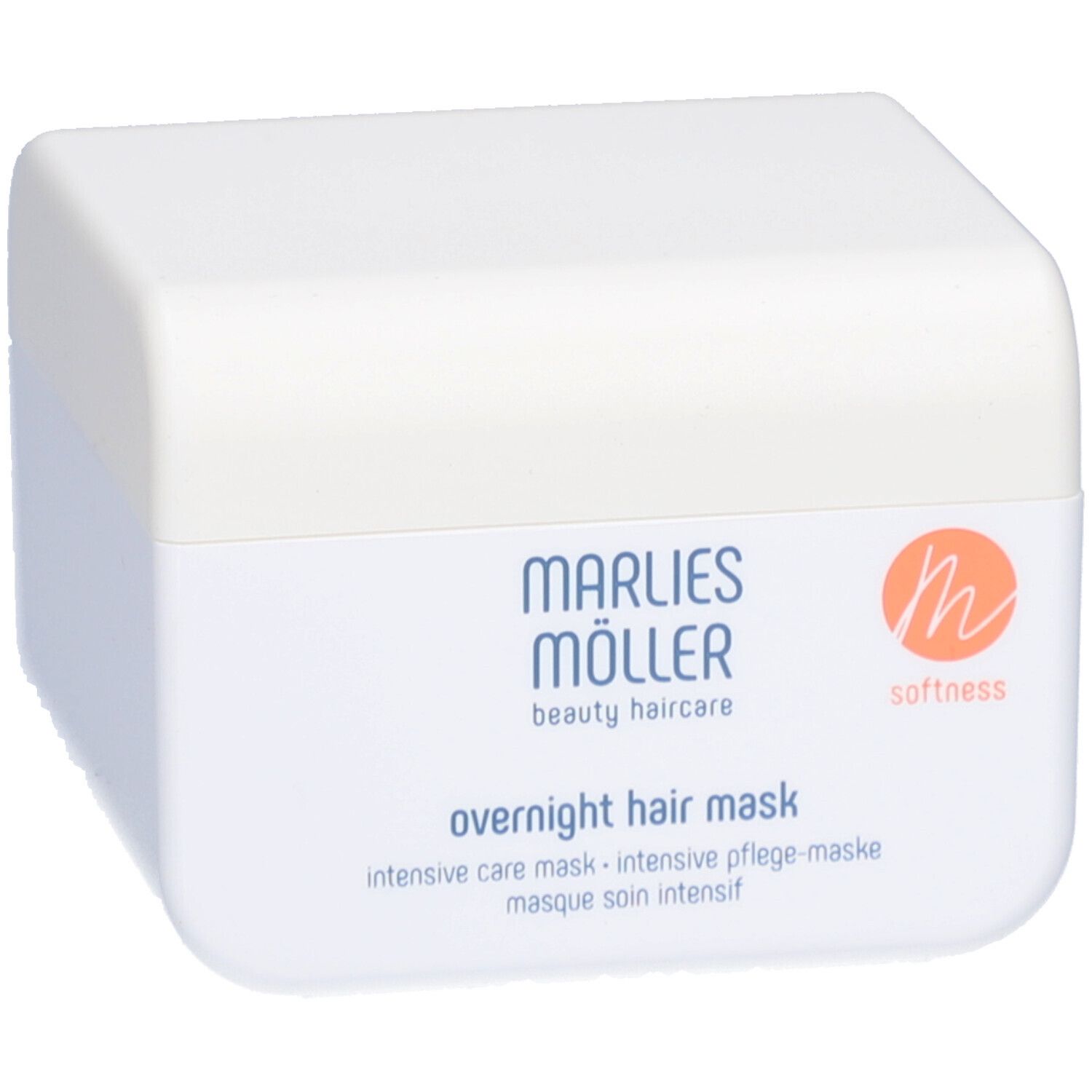 Weiße Dose mit Marlies Möller Logo und Schriftzug. Aufschrift: Overnight Hair Mask. Orangefarbenes Logo.