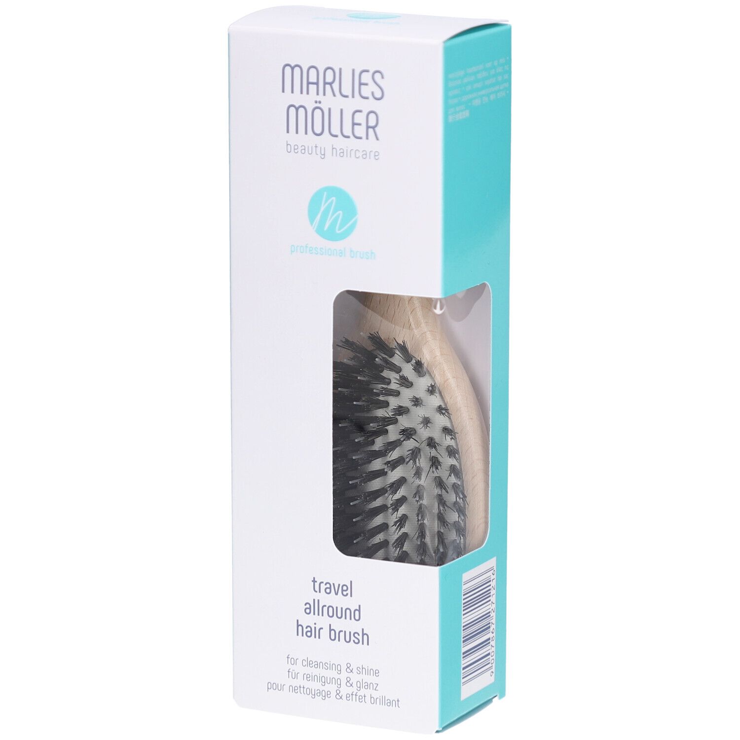 Emballage de brosse à cheveux. Marlies Möller. Blanc et turquoise. Fenêtre. Inscription: travel allround hair brush.