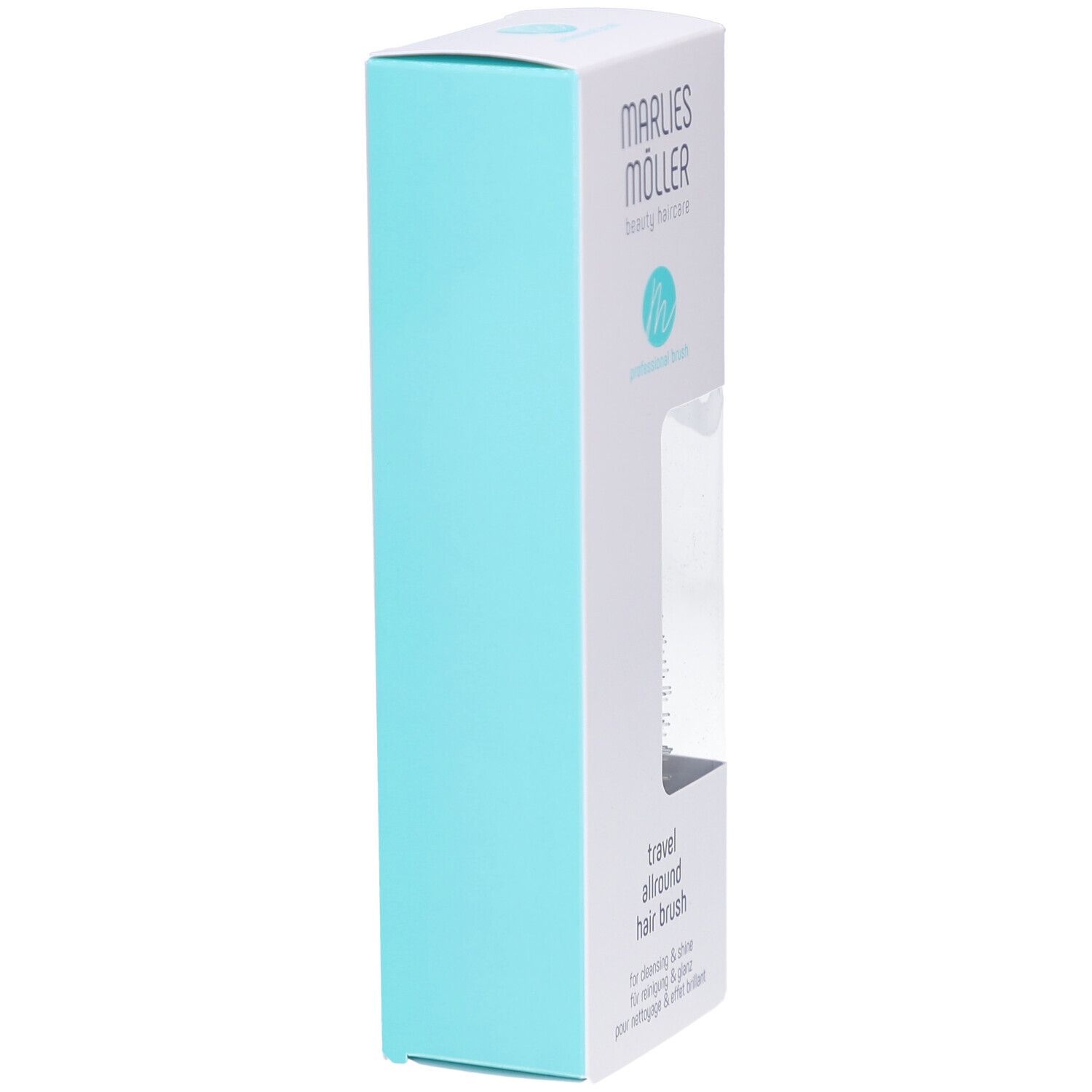 Emballage blanc et turquoise. Marlies Möller. Inscription: travel allround hair brush. Fenêtre.