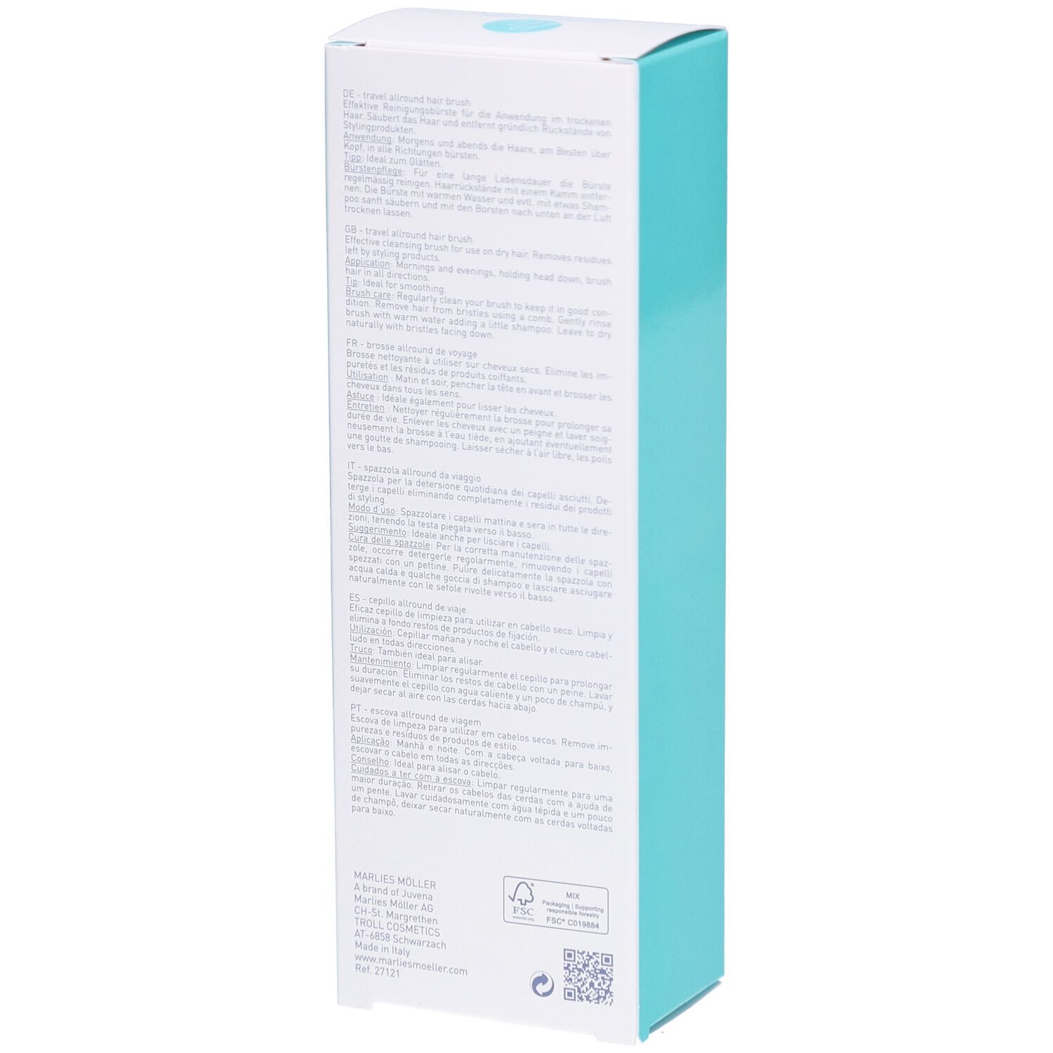 Dos de l'emballage. Texte multilingue. Marlies Möller. Turquoise et blanc.