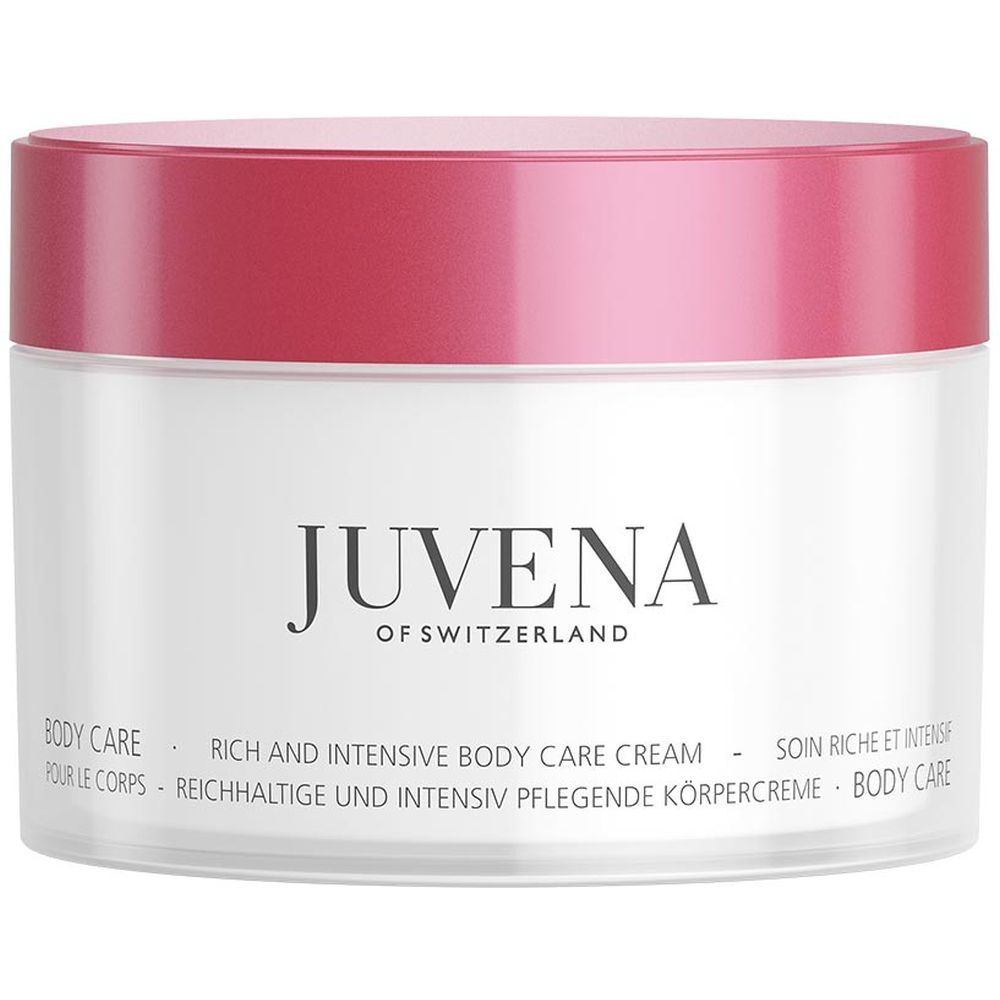 Pot de crème à couvercle rouge. Inscription: Juvena of Switzerland. Texte: Body Care, Rich and Intensive Body Care Cream.