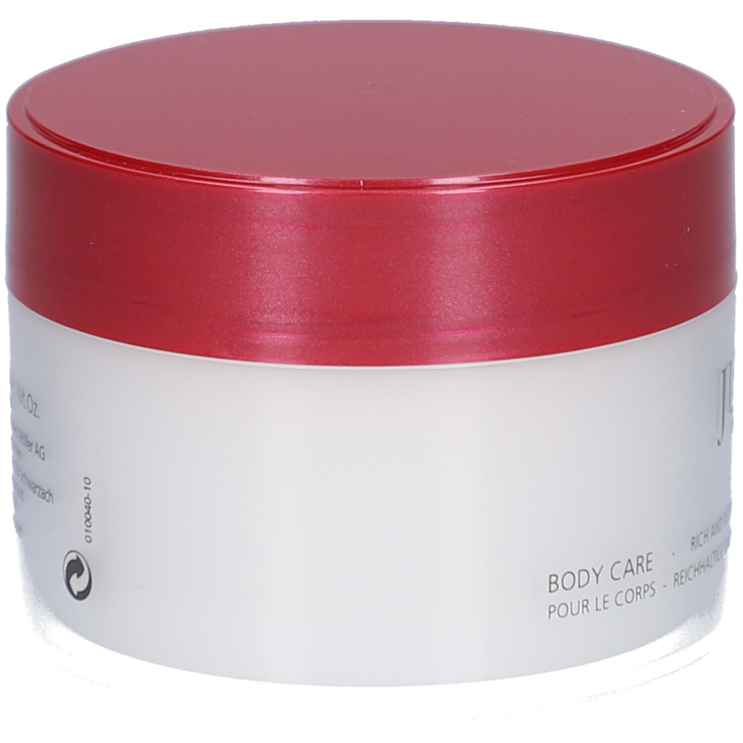Pot de crème à couvercle rouge. Inscription: Juvena. Texte: Body Care, Rich and Intensive Body Care Cream. Dos.