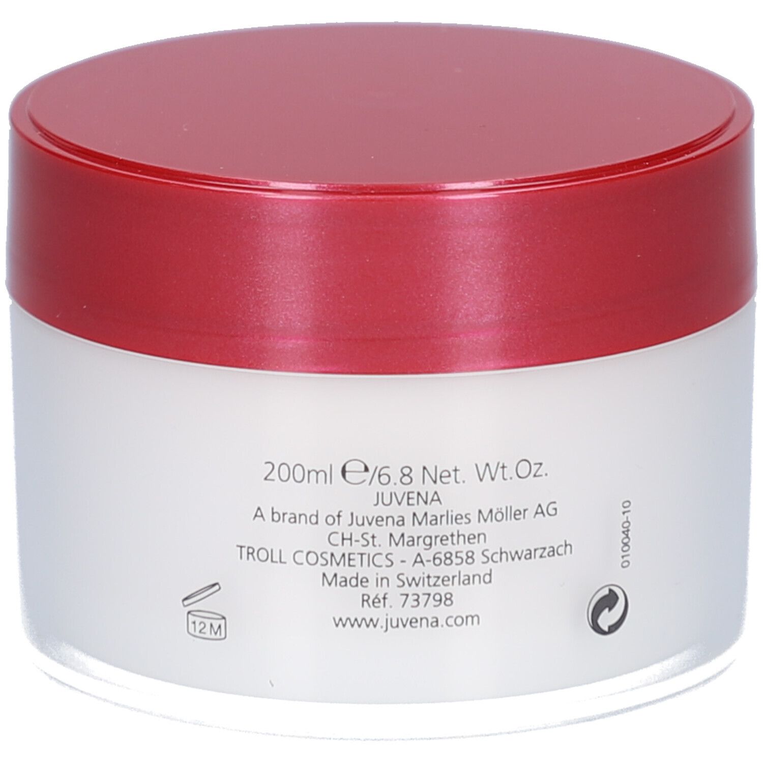 Pot de crème à couvercle rouge. Inscription: Juvena. Texte: Body Care, Rich and Intensive Body Care Cream. Dos.