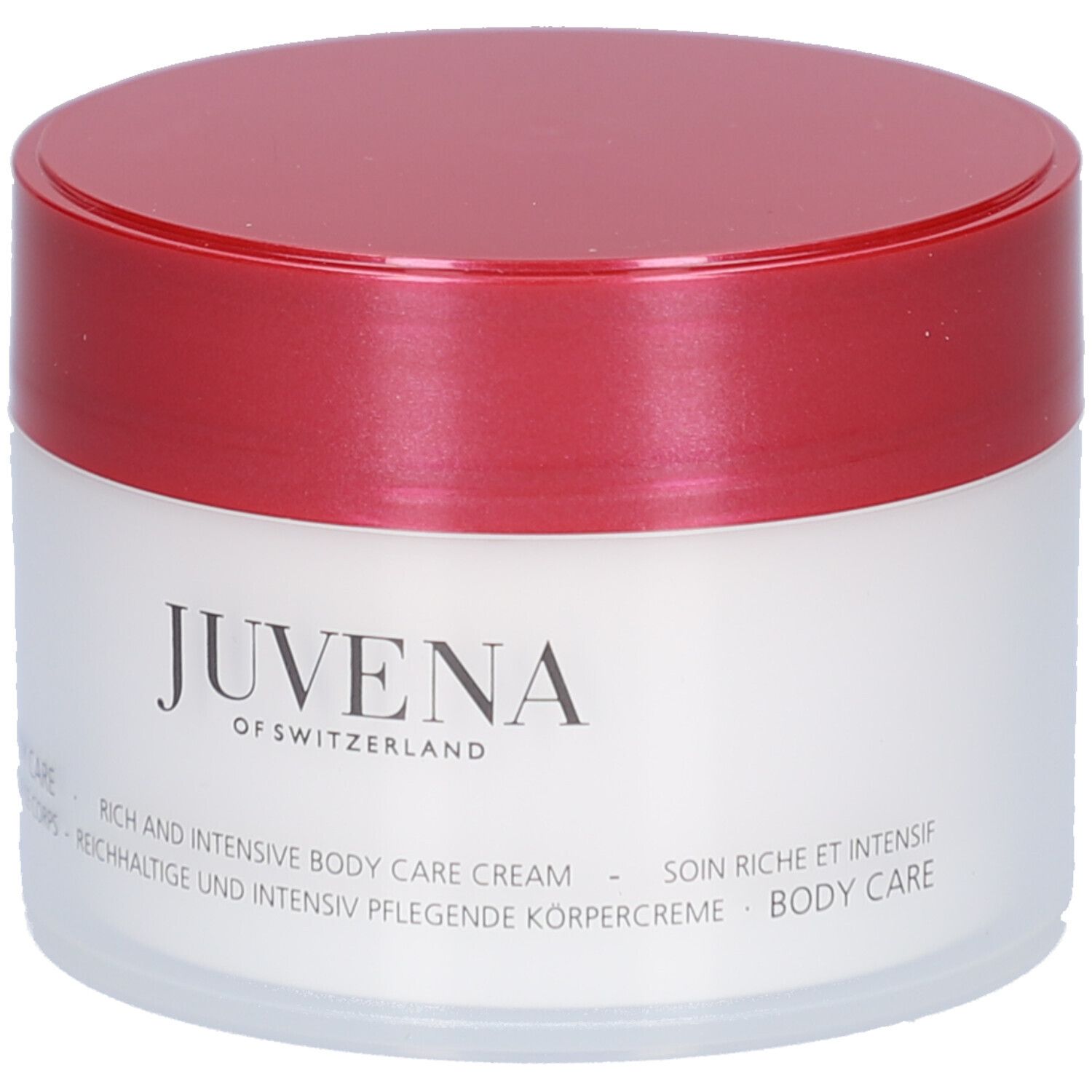 Pot de crème à couvercle rouge. Inscription: Juvena. Texte: Body Care, Rich and Intensive Body Care Cream.