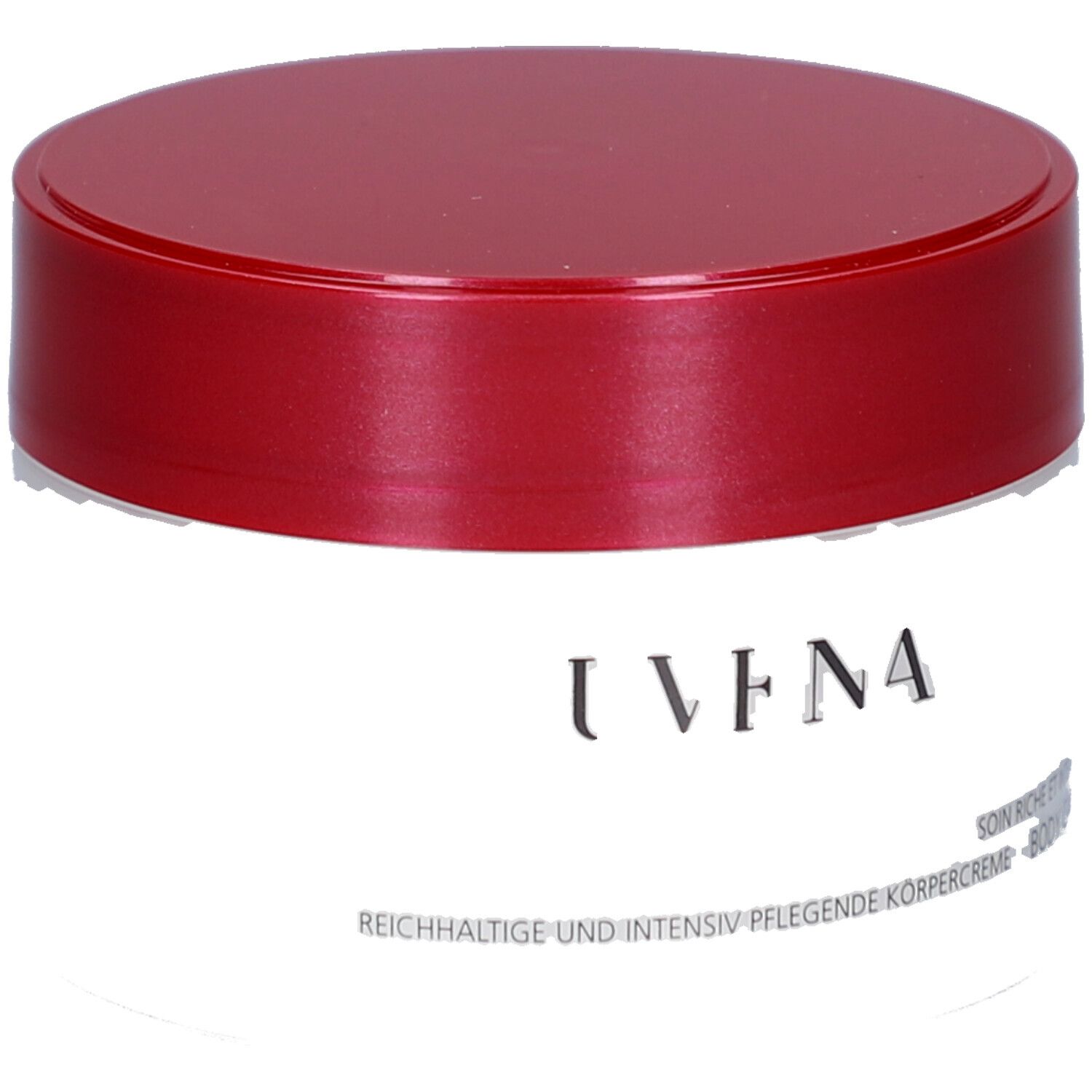 Pot de crème à couvercle rouge. Inscription: Juvena. Texte: Body Care, Rich and Intensive Body Care Cream.
