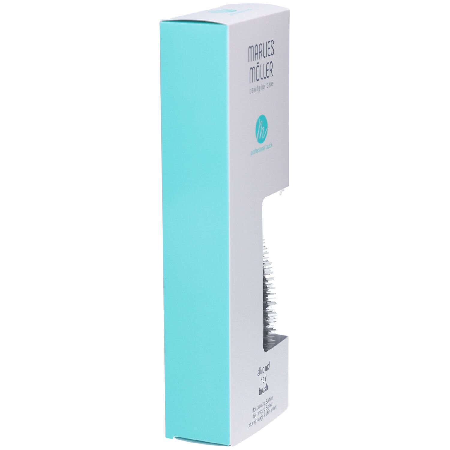 Vue latérale de l'emballage. Boîte blanche avec bande turquoise. Nom et logo du produit visibles.