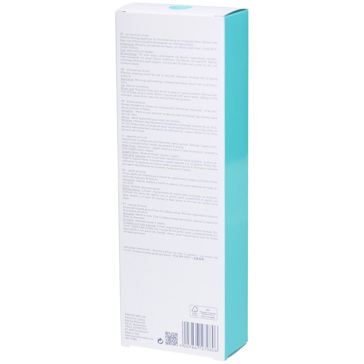 Dos de l'emballage. Boîte blanche avec texte et code-barres. Bande turquoise.