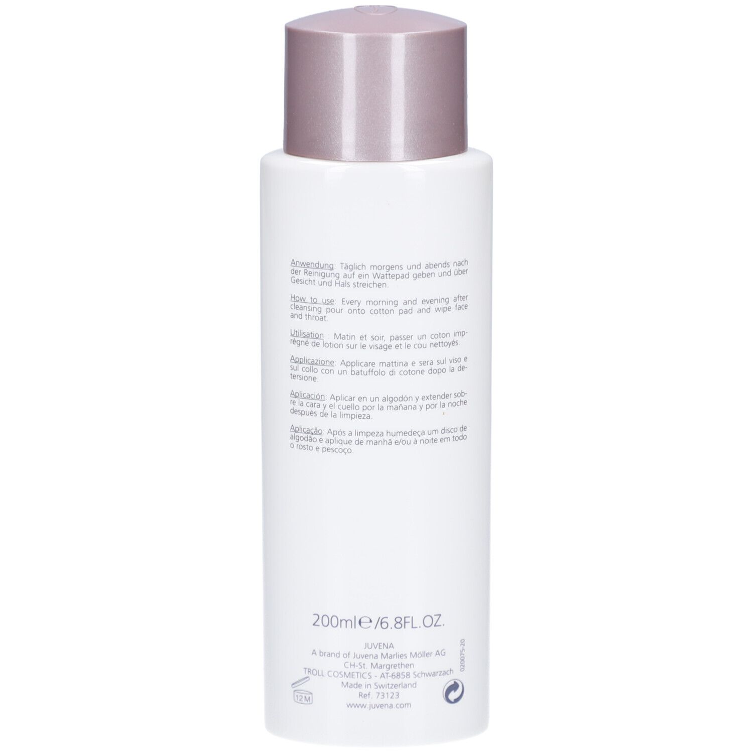 Dos du flacon. Texte : Mode d'emploi, ingrédients, 200ml/6.8FL.OZ, logo Juvena, coordonnées.