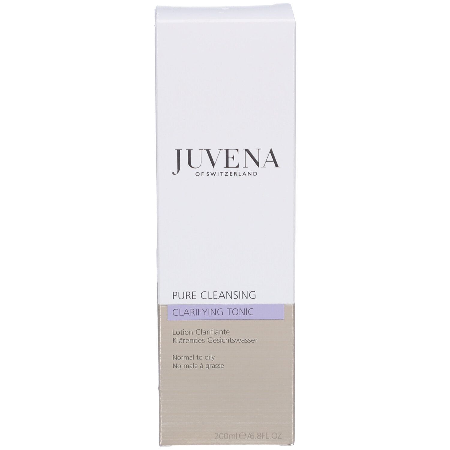 Emballage. Inscription : Juvena, Pure Cleansing, Clarifying Tonic, Lotion. 200ml/6.8FL.OZ.