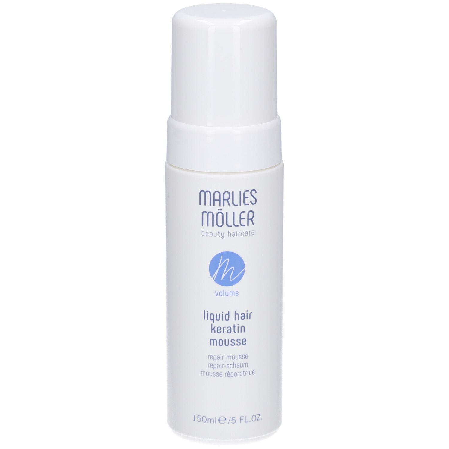 Weiße Flasche mit Sprühkopf. Aufschrift: Marlies Möller, beauty haircare, Volume, Liquid Hair Keratin Mousse. 150ml/5 FL.OZ.