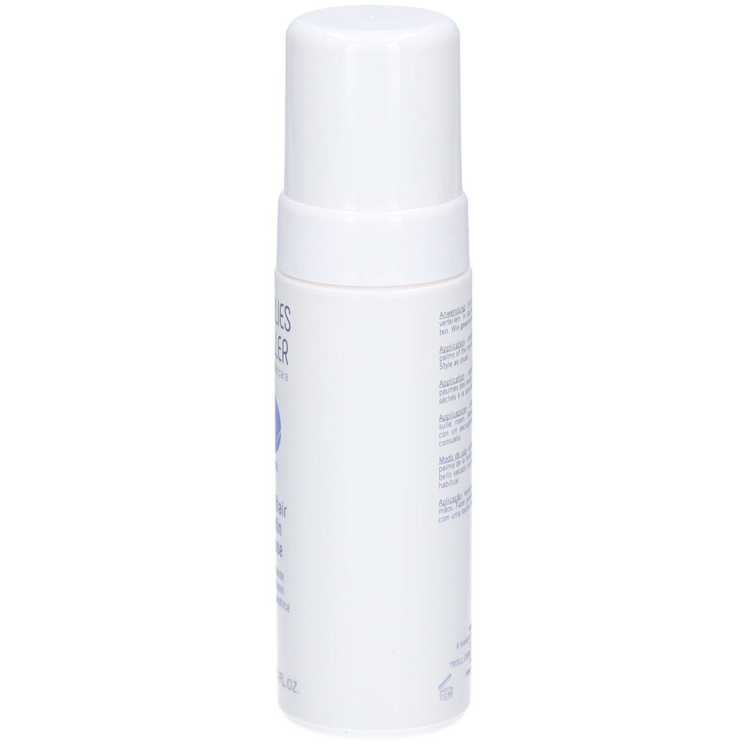 Weiße Flasche mit Sprühkopf. Aufschrift: Marlies Möller, beauty haircare, Volume, Liquid Hair Keratin Mousse. Rückseite mit Text.