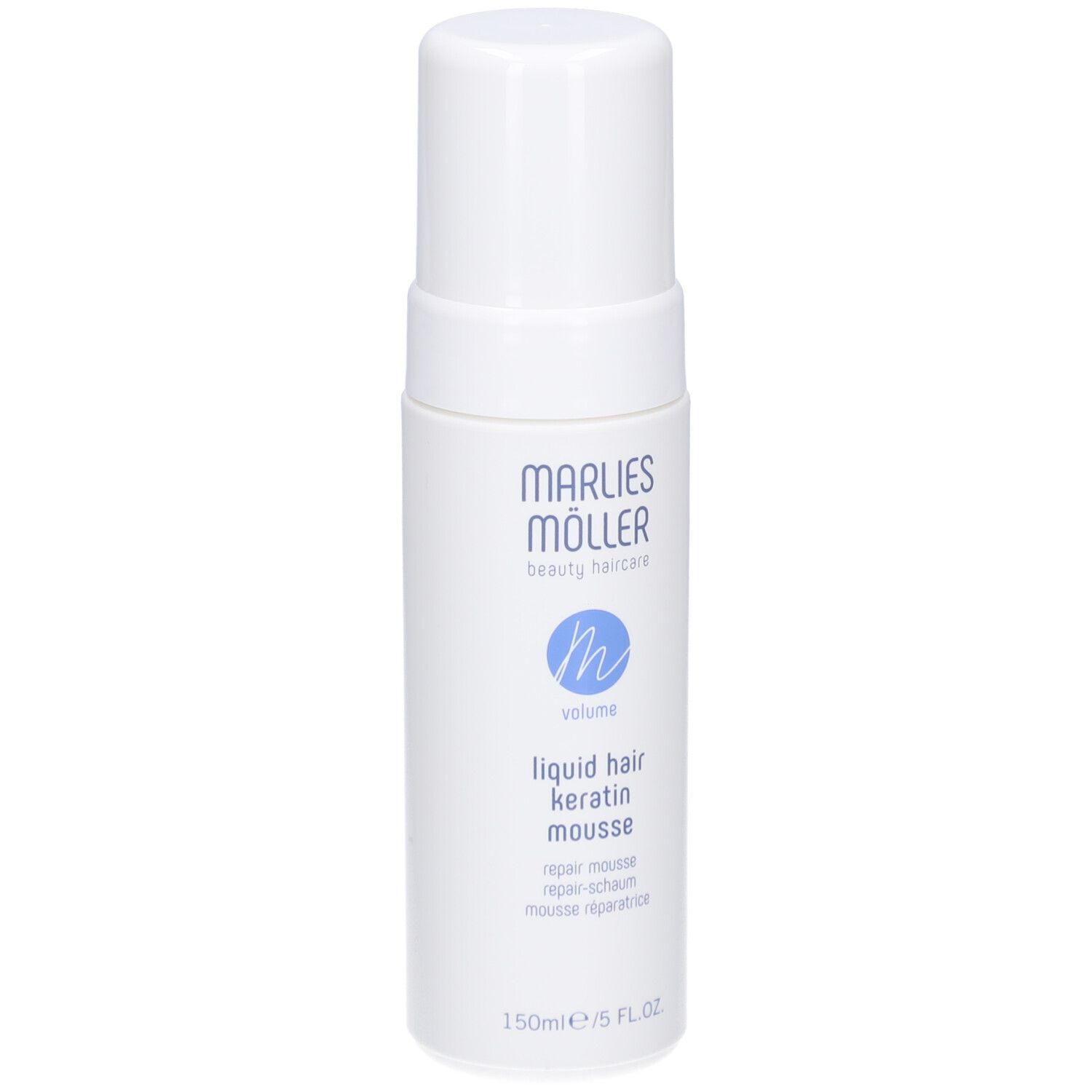 Weiße Flasche mit Sprühkopf. Aufschrift: Marlies Möller, beauty haircare, Volume, Liquid Hair Keratin Mousse. 150ml/5 FL.OZ.