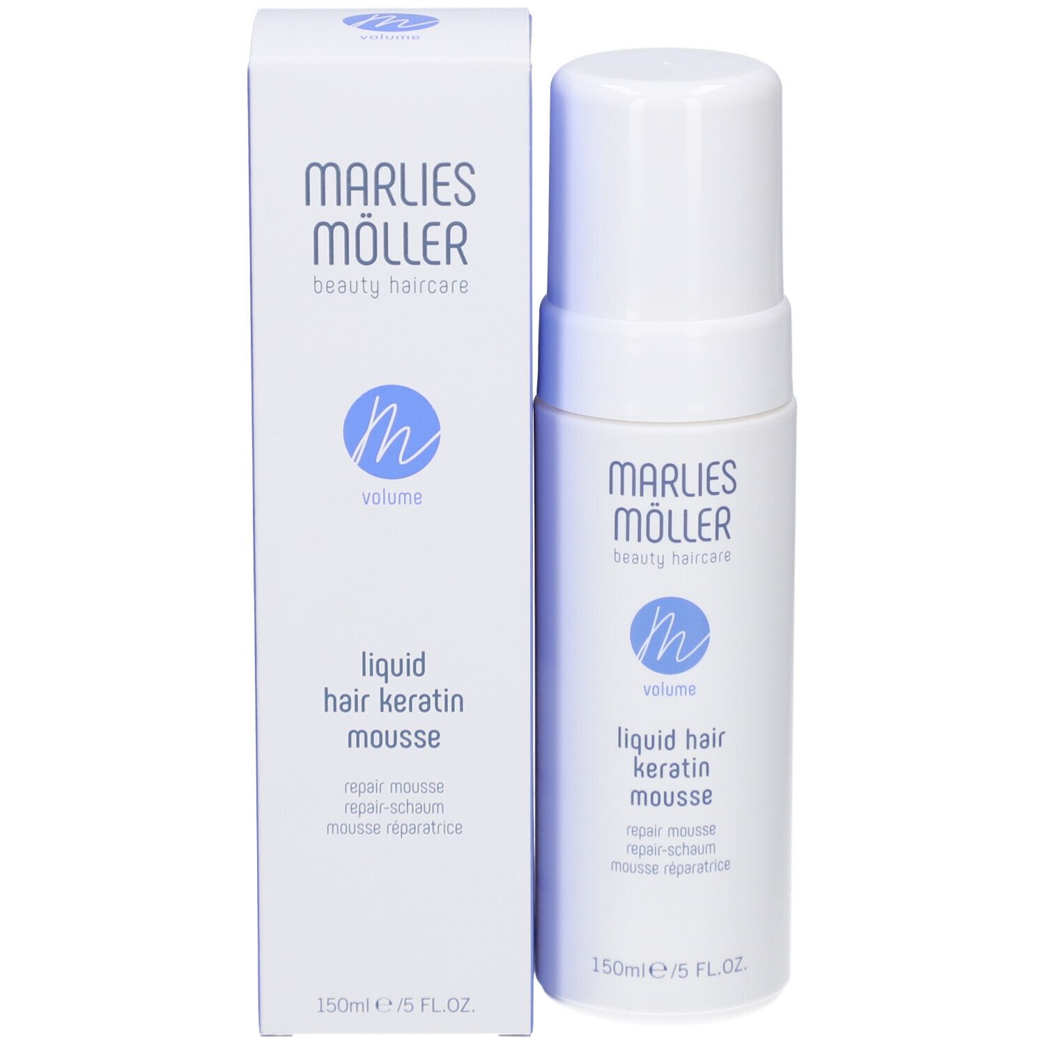Weiße Flasche und Verpackung. Aufschrift: Marlies Möller, beauty haircare, Volume, Liquid Hair Keratin Mousse. 150ml/5 FL.OZ.
