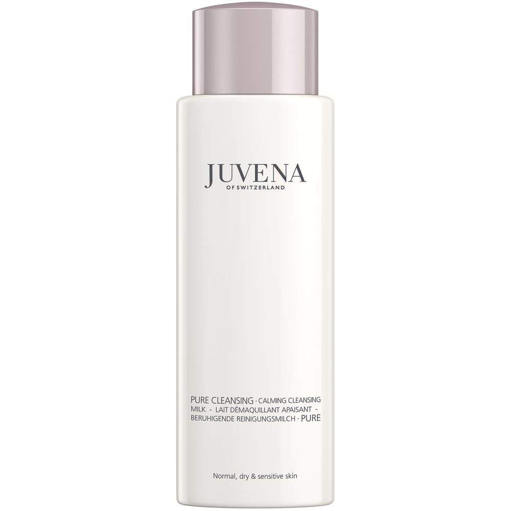 Flacon blanc avec bouchon rose. Inscription: Juvena of Switzerland. Texte: Pure Cleansing Milk.