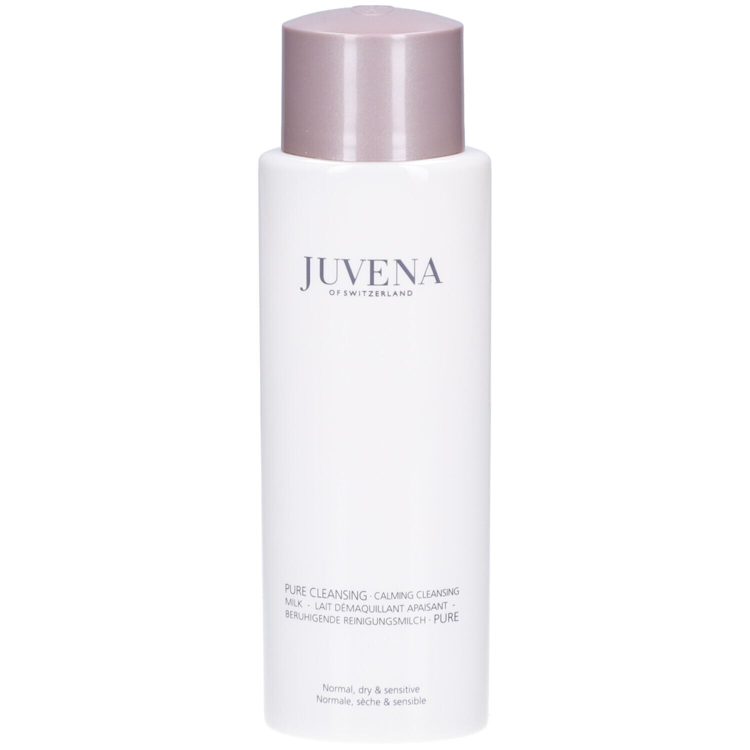 Flacon blanc avec bouchon rose. Logo Juvena. Texte: Pure Cleansing Milk. Pour peaux normales, sèches.