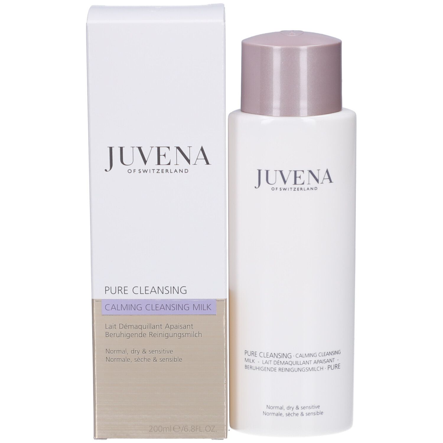 Produit et emballage. Flacon blanc et boîte. Logo Juvena. Texte: Pure Cleansing Milk.