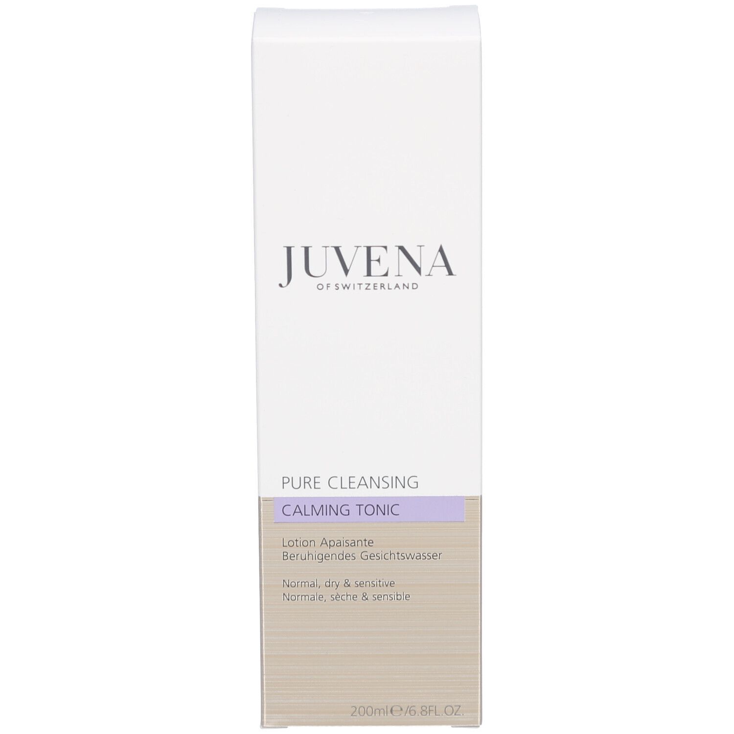Emballage. Inscription: Juvena. Texte: Pure Cleansing, Calming Tonic. Indication de volume: 200ml/6.8FL.OZ.
