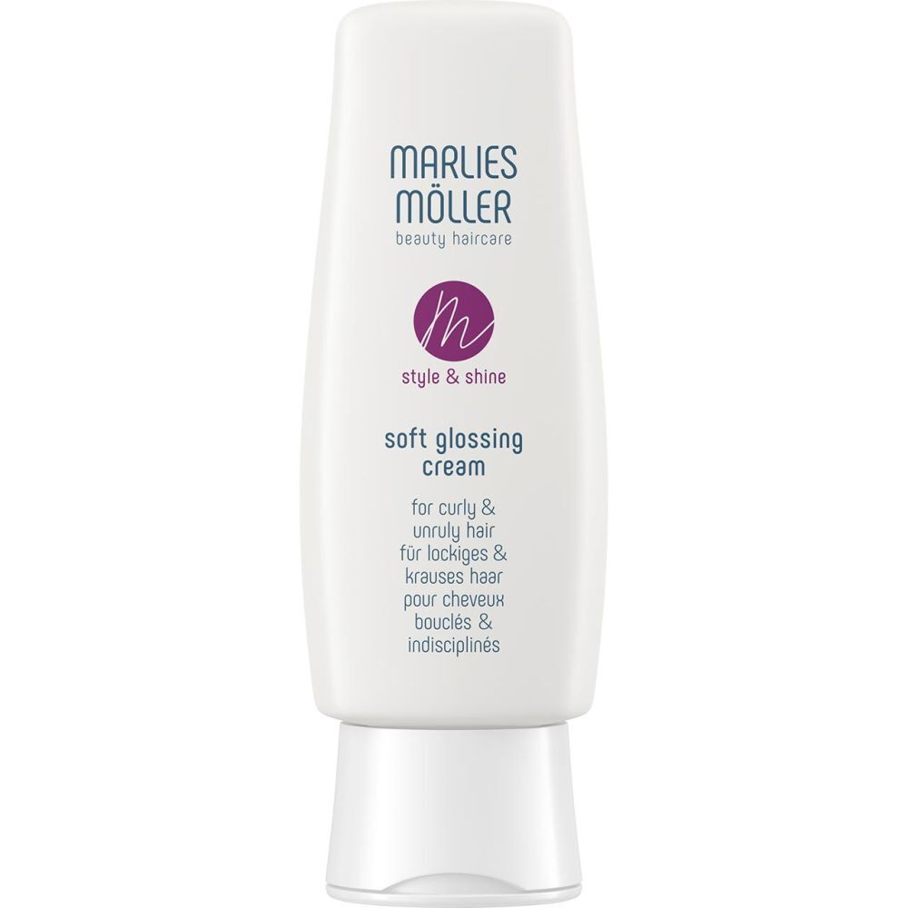 Tube blanche avec logo Marlies Möller et texte. Nom du produit: Soft Glossing Cream. Pour cheveux bouclés.