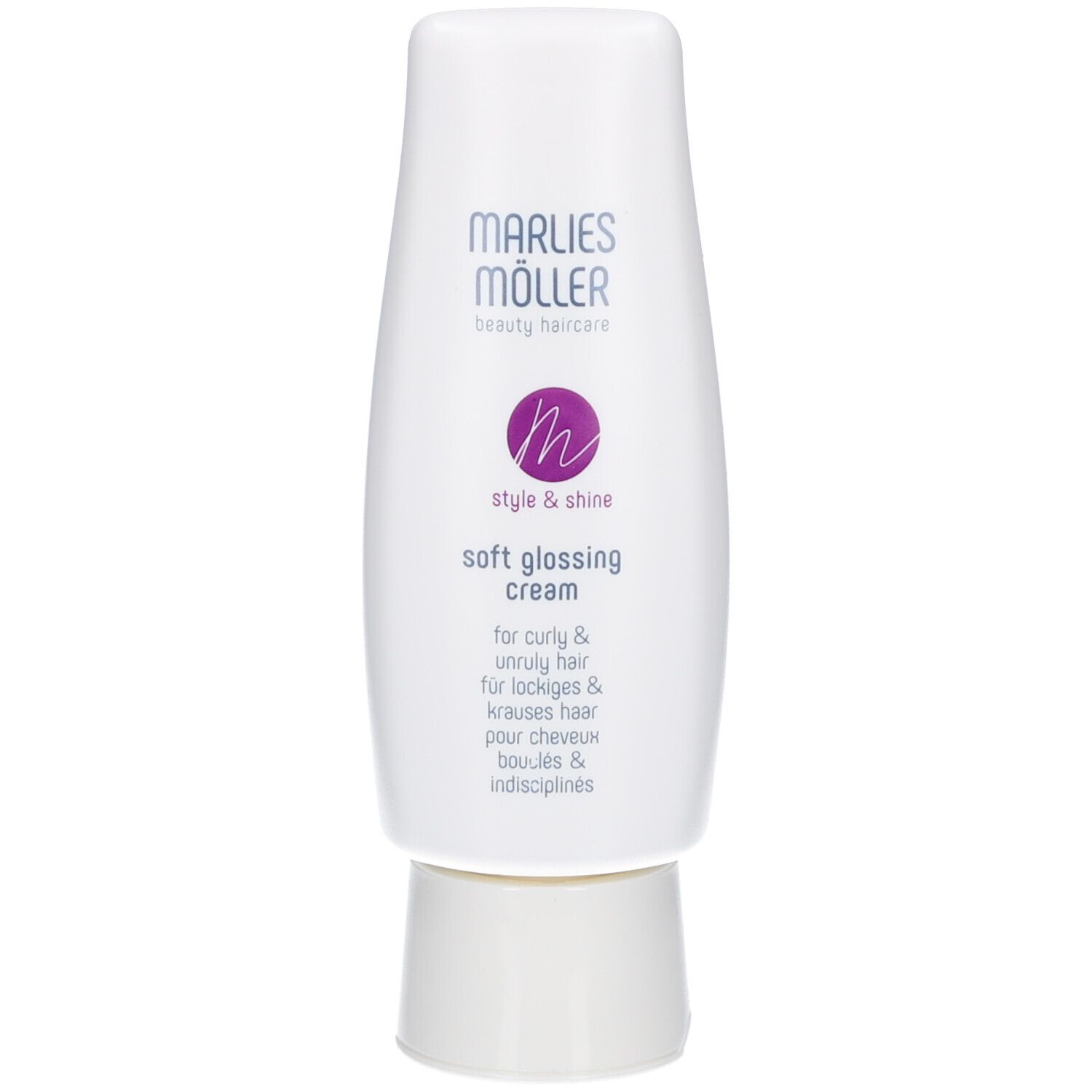 Tube blanc avec logo Marlies Möller et texte. Nom du produit: Soft Glossing Cream. Pour cheveux bouclés.