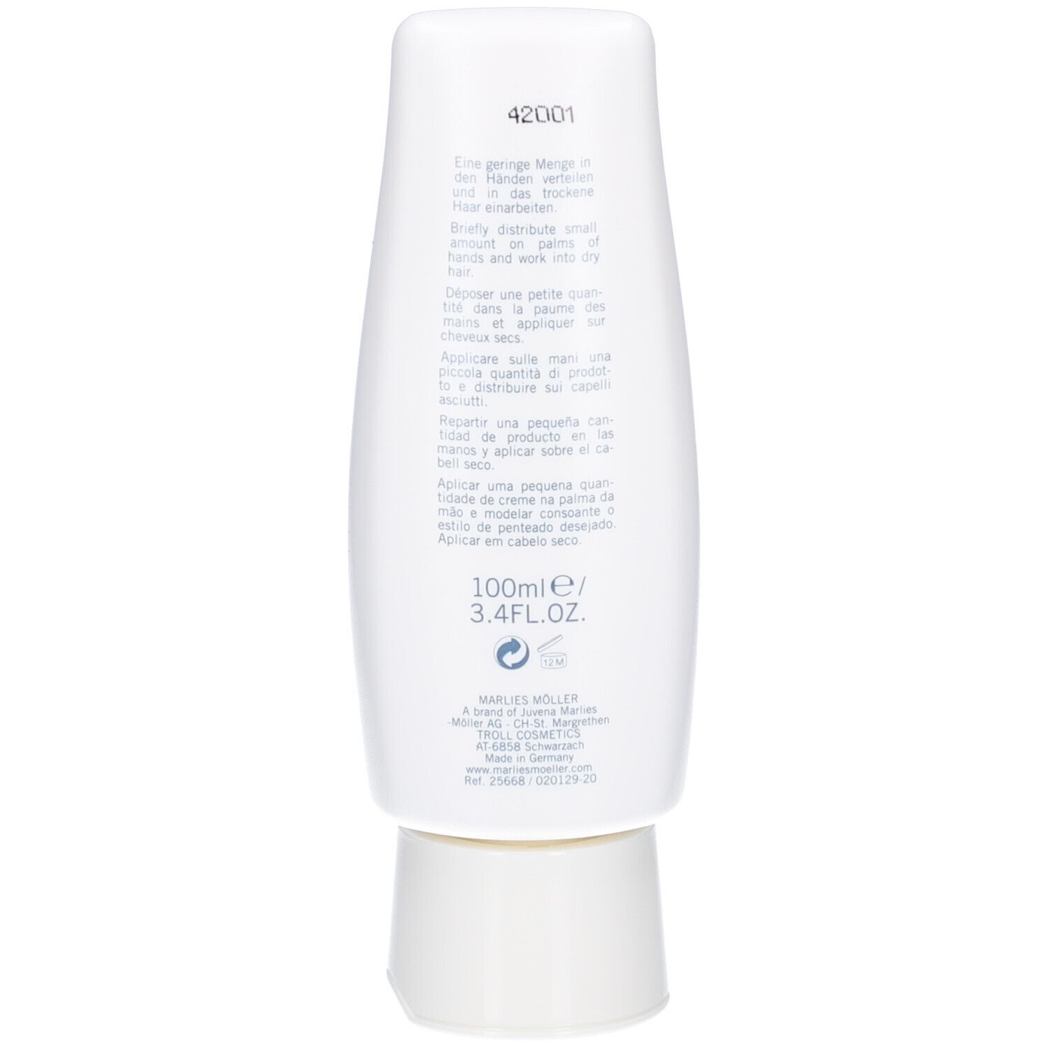 Dos du tube blanc. Texte en plusieurs langues. 100ml/3.4FL.OZ. Logo Marlies Möller.