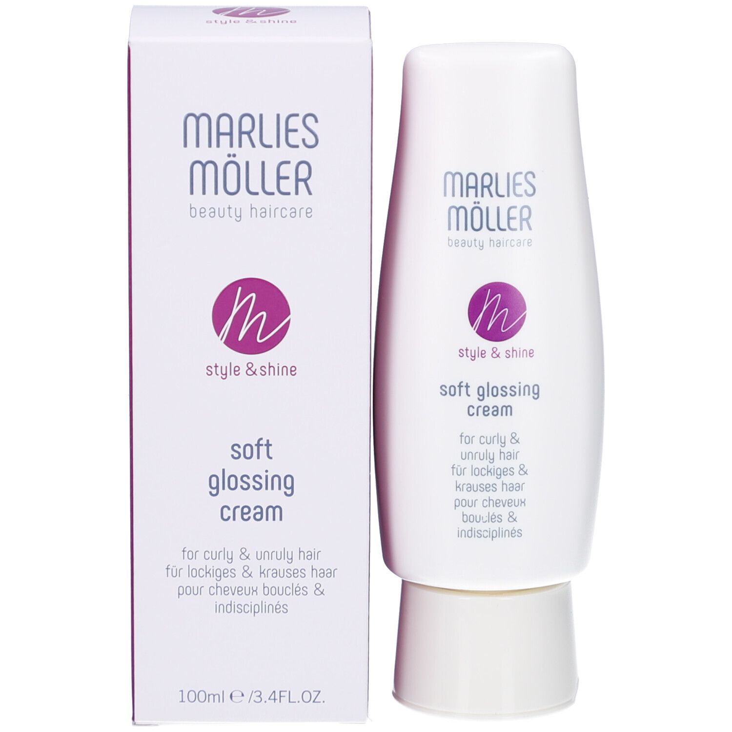 Emballage du produit: tube et boîte. Marlies Möller Soft Glossing Cream. 100ml/3.4FL.OZ.