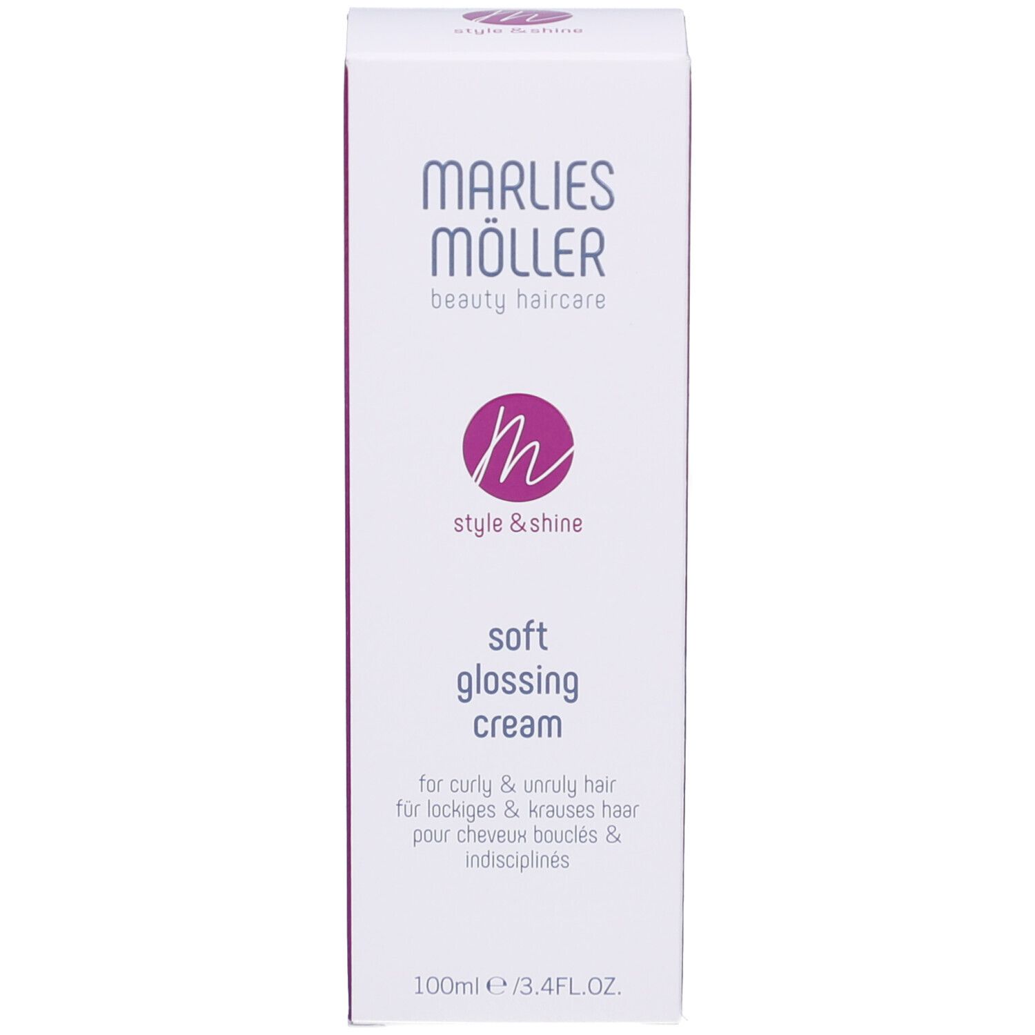 Emballage du produit: boîte. Marlies Möller Soft Glossing Cream. 100ml/3.4FL.OZ.