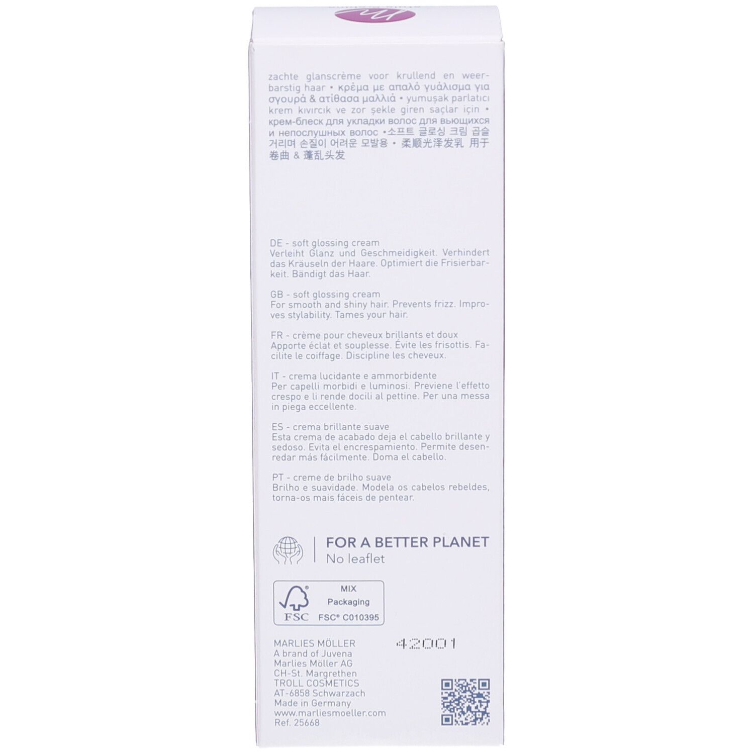 Dos de l'emballage du produit. Texte en plusieurs langues. Logo Marlies Möller. Certification FSC.