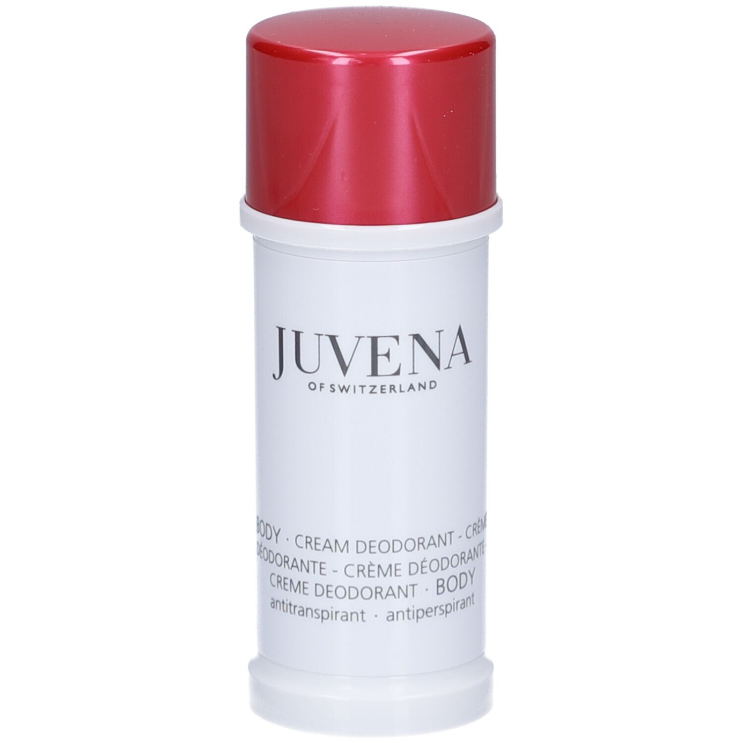 Weißer Deodorant-Stick mit roter Kappe. Aufschrift: Juvena of Switzerland. Produktbezeichnung: Body Cream Deodorant.