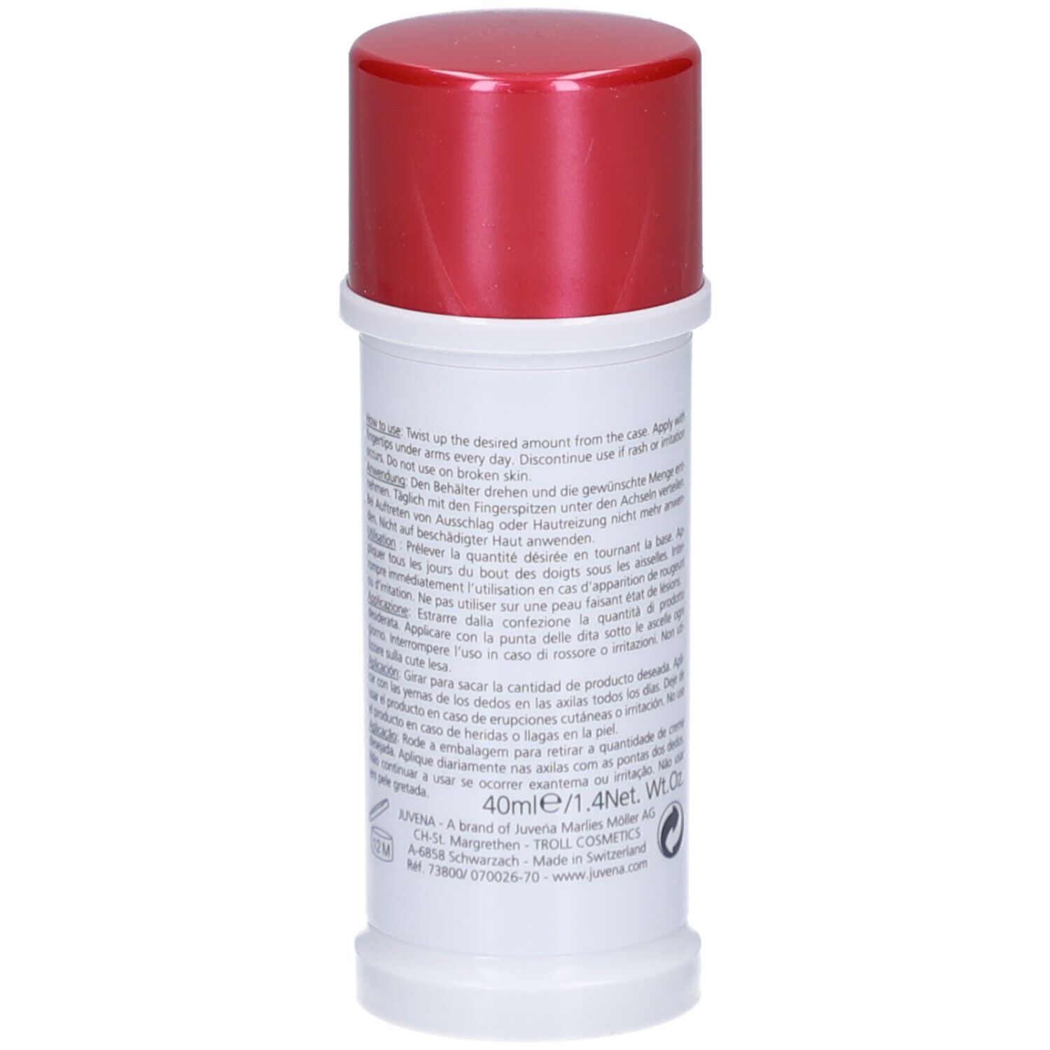 Weißer Deodorant-Stick mit roter Kappe. Aufschrift: Juvena of Switzerland. Produktbezeichnung: Body Cream Deodorant.