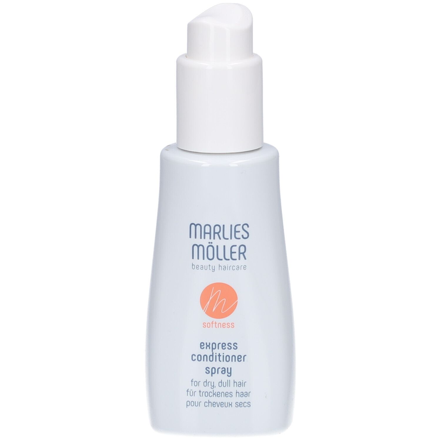 Flacon blanc avec vaporisateur. Inscription: Marlies Möller, beauty haircare, softness, Express Conditioner Spray.